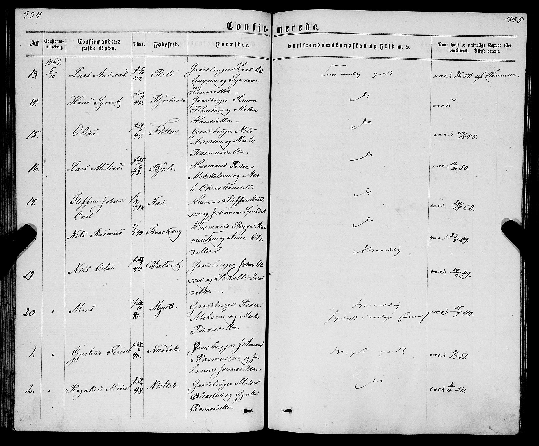 Eid sokneprestembete, AV/SAB-A-82301/H/Haa/Haaa/L0009: Parish register (official) no. A 9, 1861-1868, p. 334-335