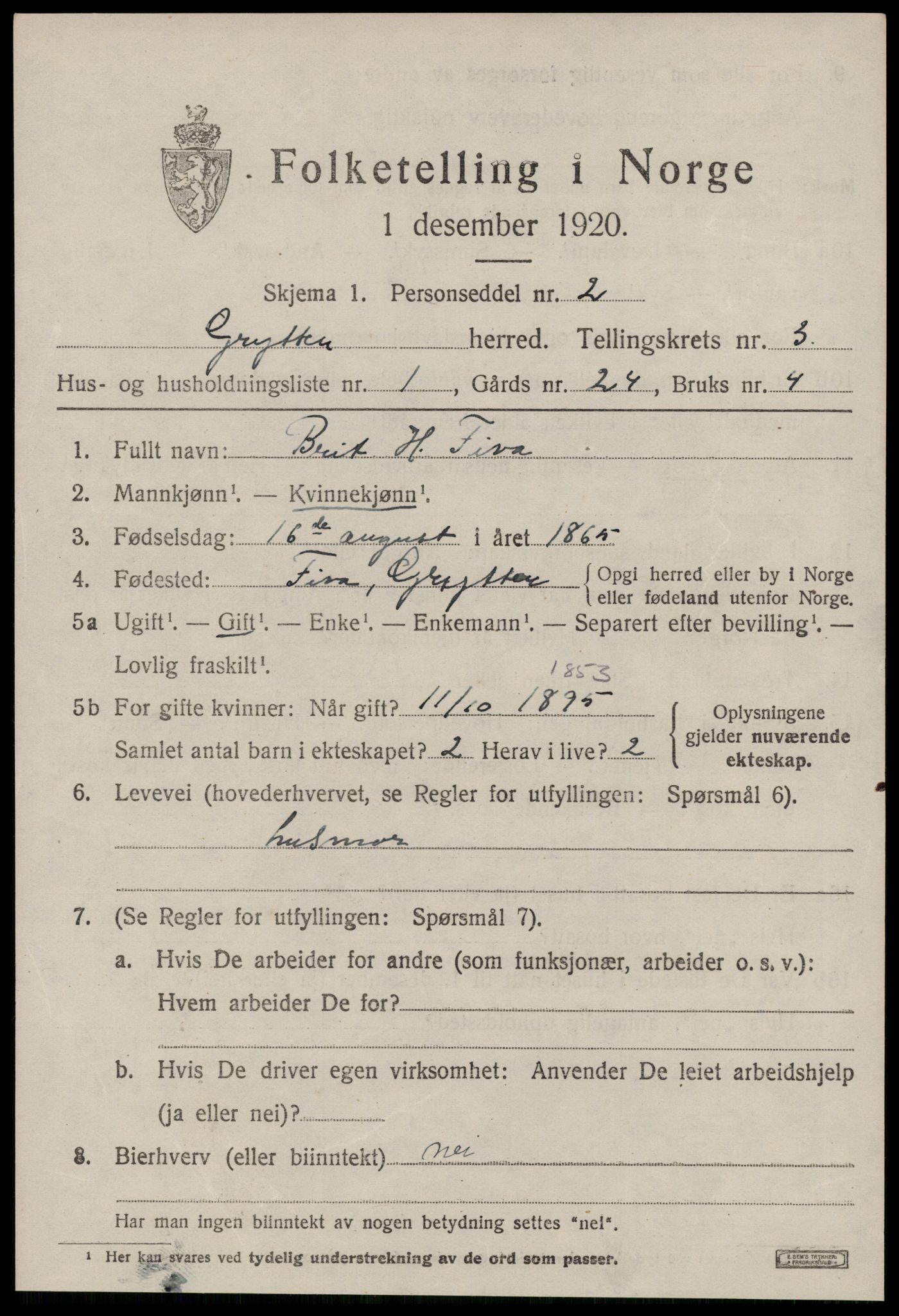 SAT, 1920 census for Grytten, 1920, p. 2226