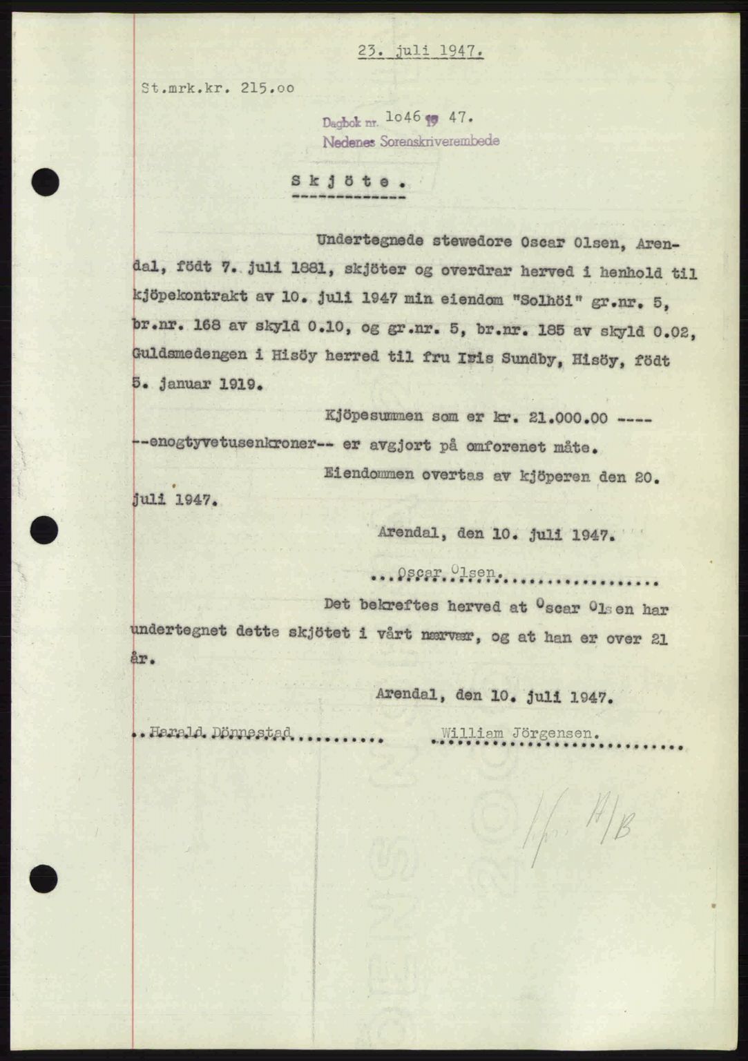 Nedenes sorenskriveri, SAK/1221-0006/G/Gb/Gba/L0057: Mortgage book no. A9, 1947-1947, Diary no: : 1046/1947