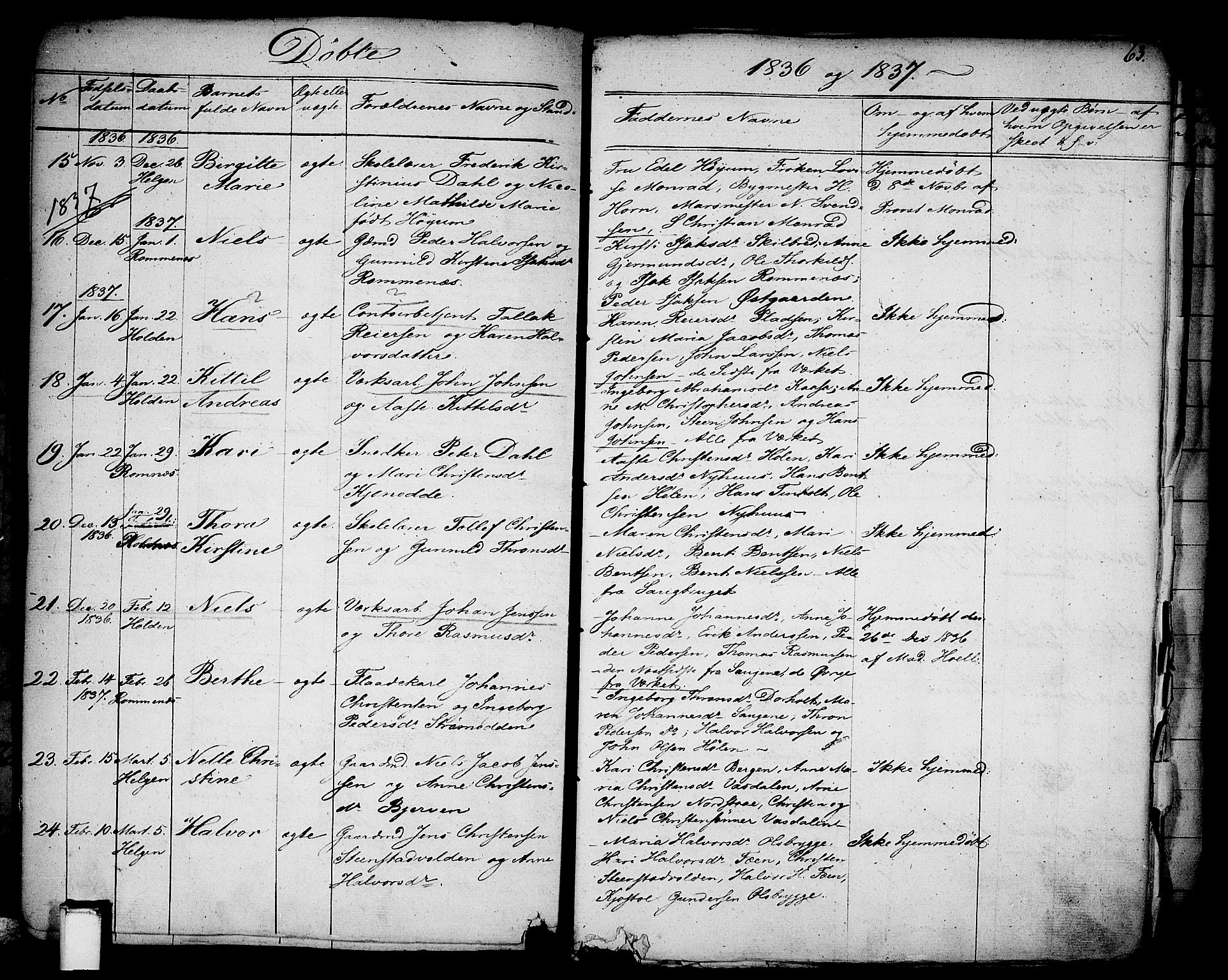 Holla kirkebøker, AV/SAKO-A-272/F/Fa/L0004: Parish register (official) no. 4, 1830-1848, p. 63