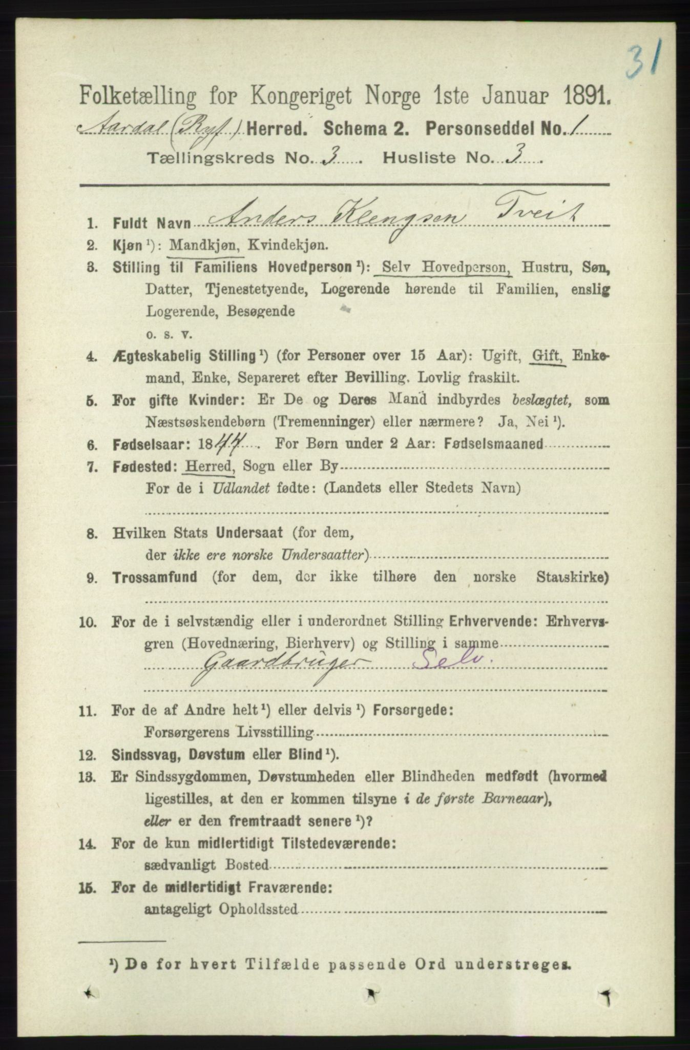 RA, 1891 census for 1131 Årdal, 1891, p. 837