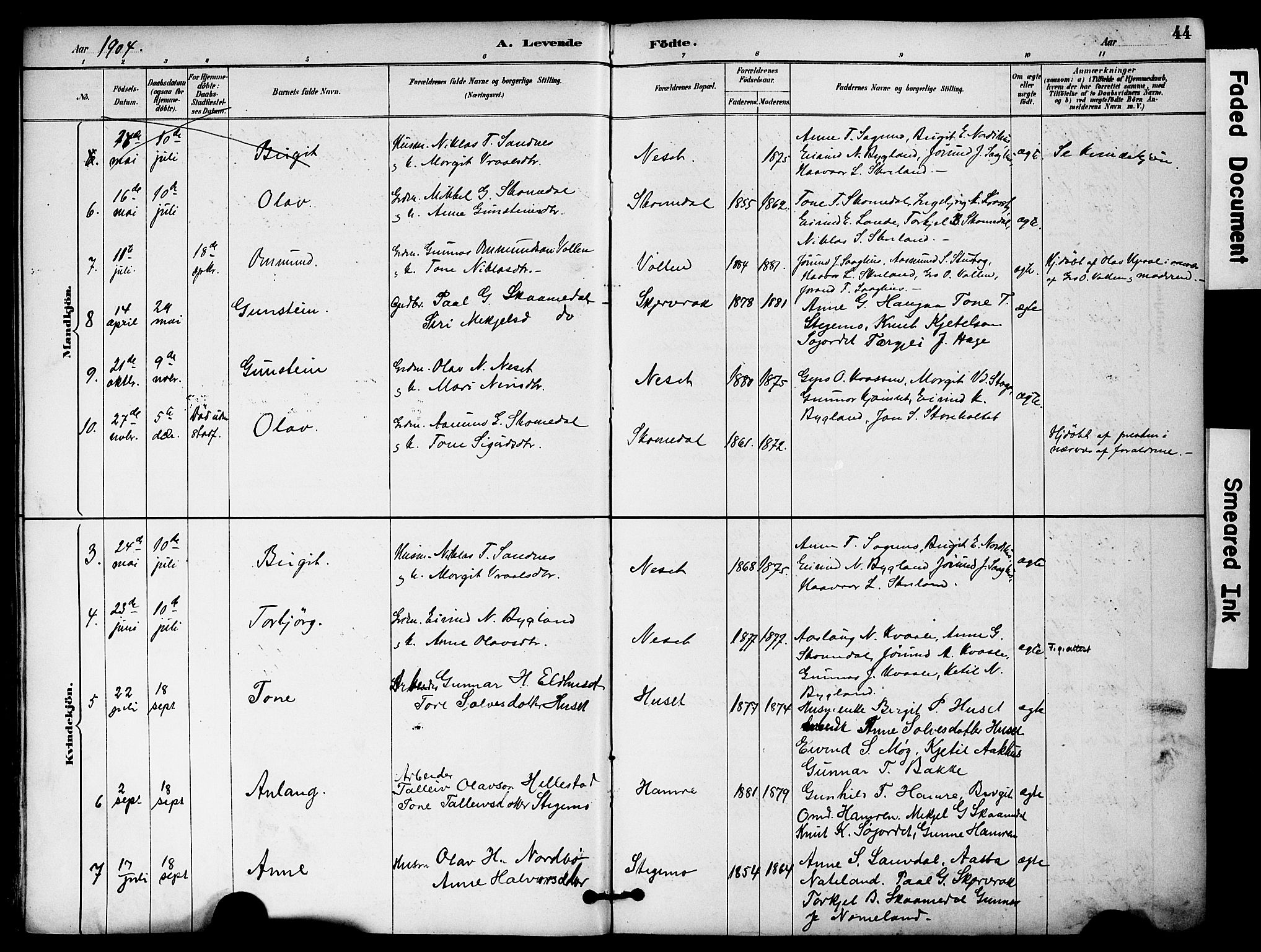 Bygland sokneprestkontor, AV/SAK-1111-0006/F/Fa/Fab/L0007: Parish register (official) no. A 7, 1885-1909, p. 44