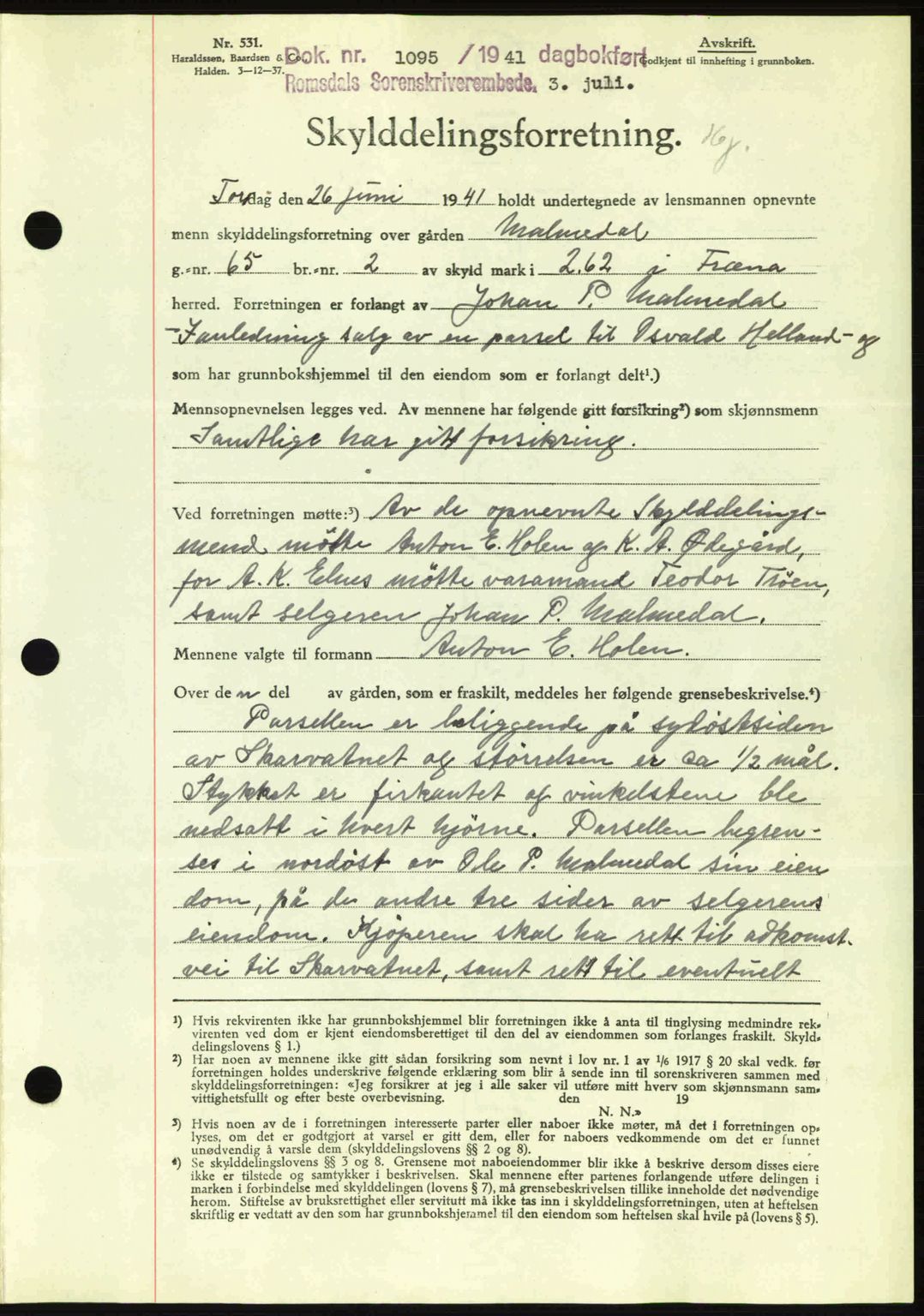 Romsdal sorenskriveri, AV/SAT-A-4149/1/2/2C: Mortgage book no. A10, 1941-1941, Diary no: : 1095/1941