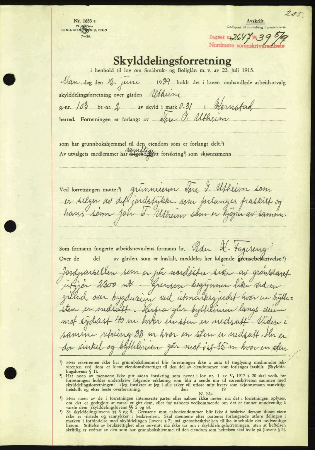 Nordmøre sorenskriveri, AV/SAT-A-4132/1/2/2Ca: Mortgage book no. A87, 1939-1940, Diary no: : 2647/1939