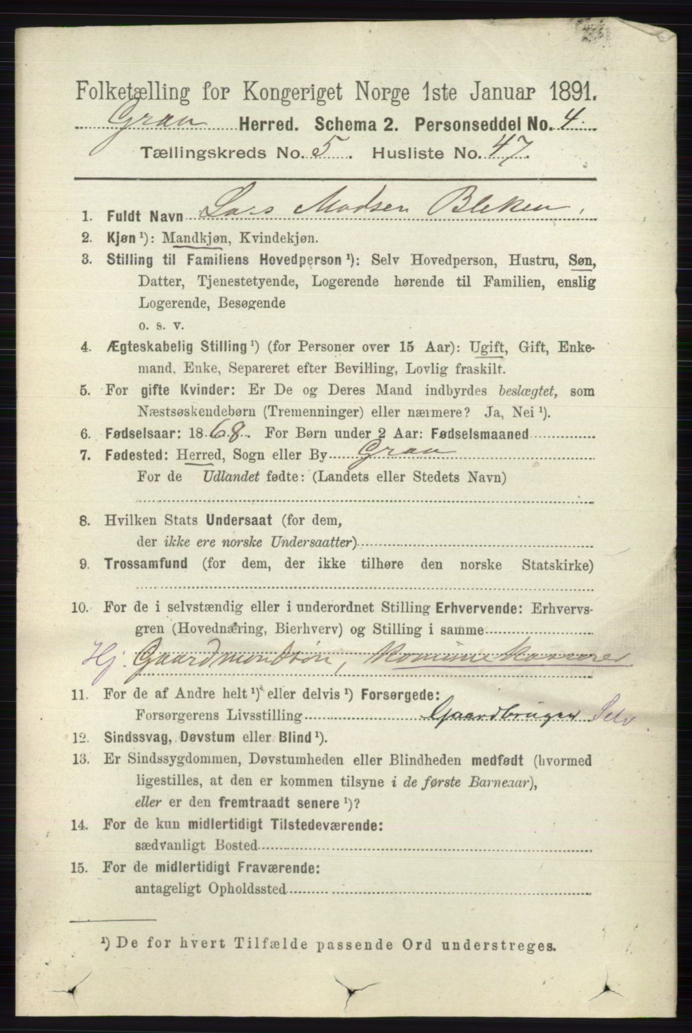 RA, 1891 census for 0534 Gran, 1891, p. 1888