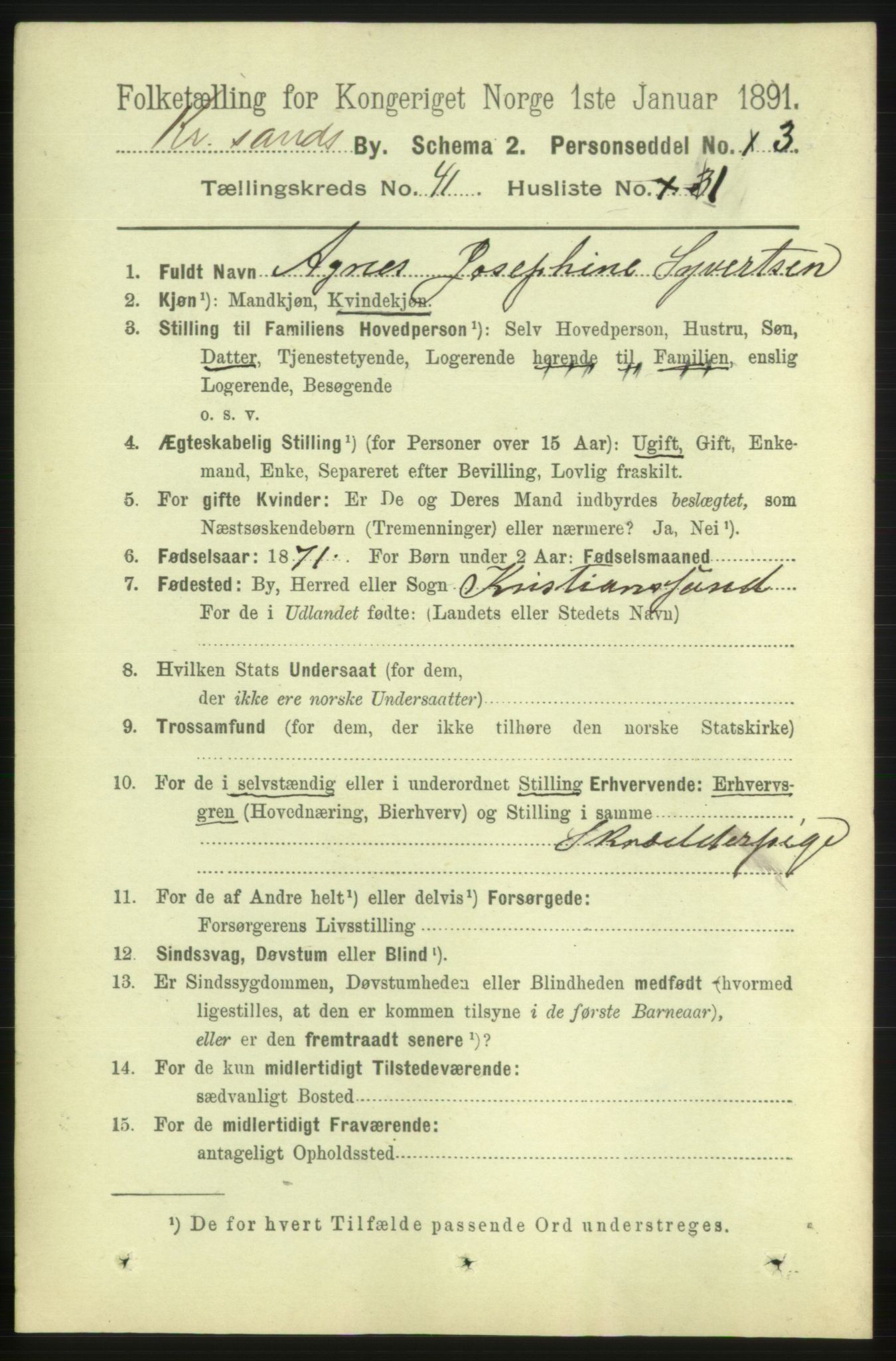 RA, 1891 census for 1001 Kristiansand, 1891, p. 12486