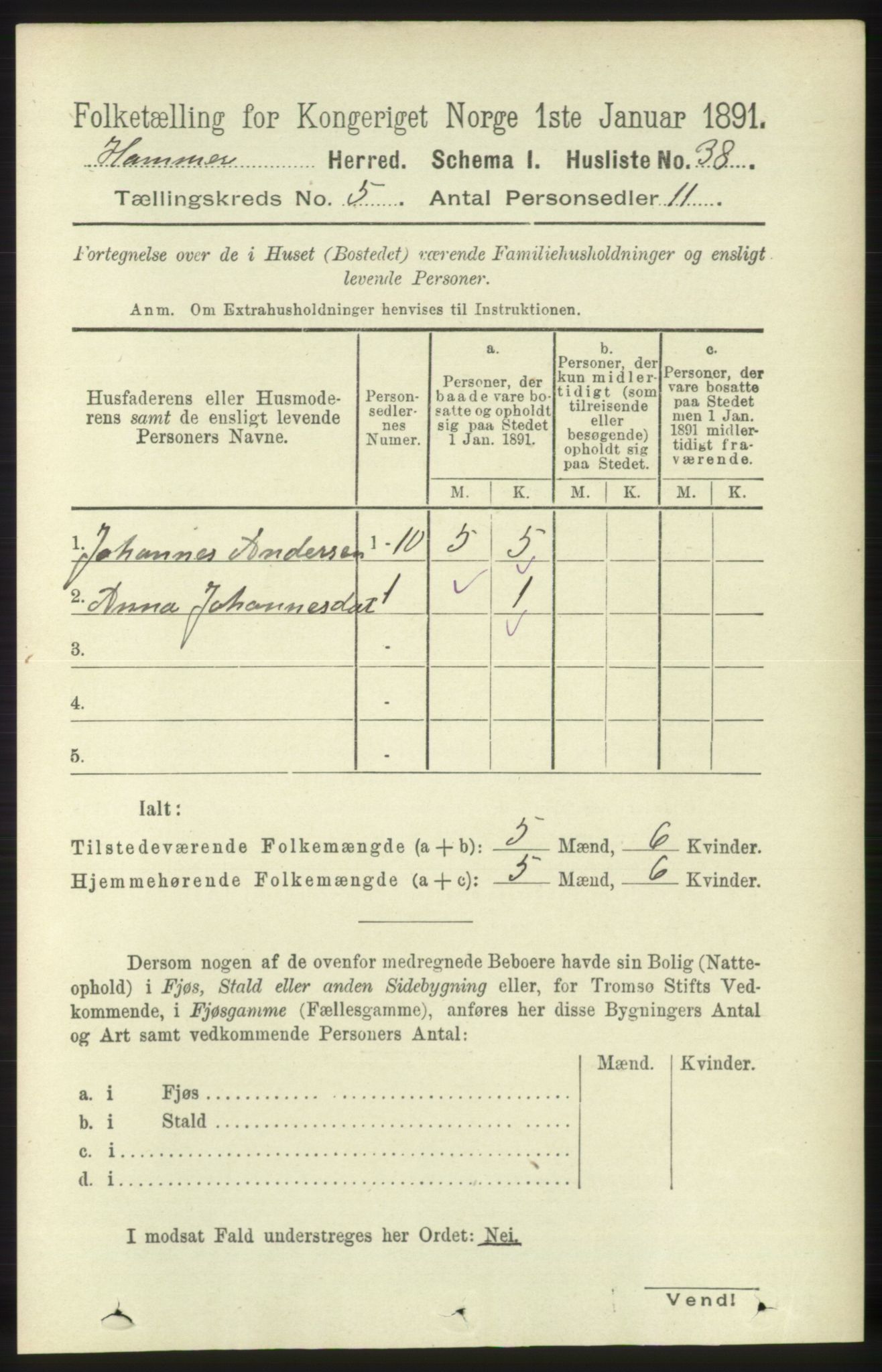 RA, 1891 census for 1254 Hamre, 1891, p. 1210