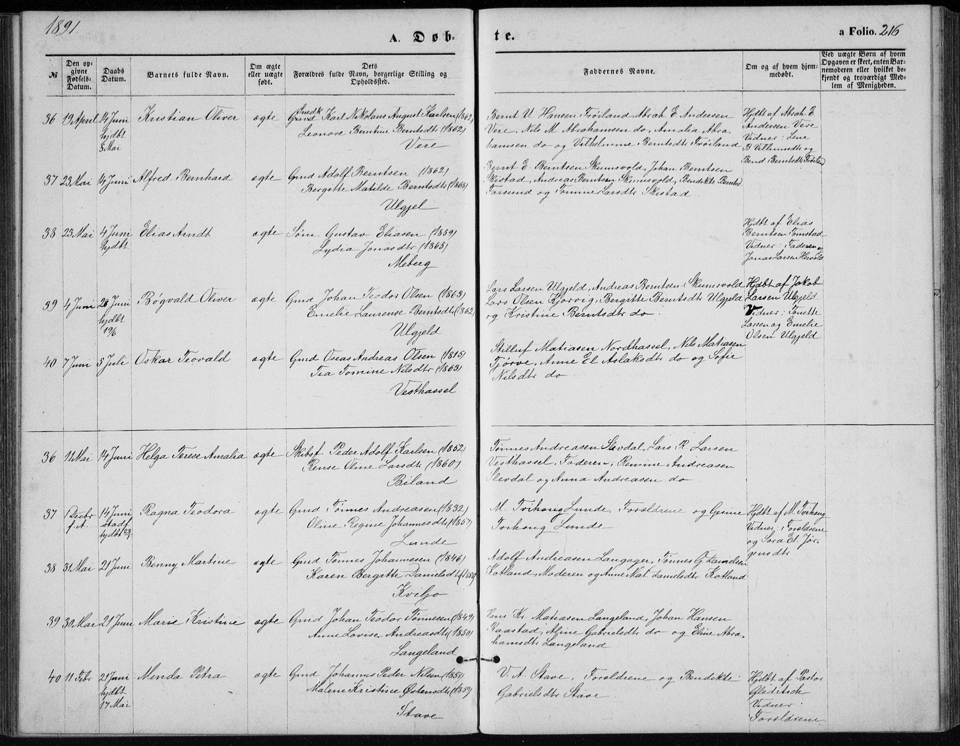 Lista sokneprestkontor, AV/SAK-1111-0027/F/Fb/L0004: Parish register (copy) no. B 4, 1877-1891, p. 216