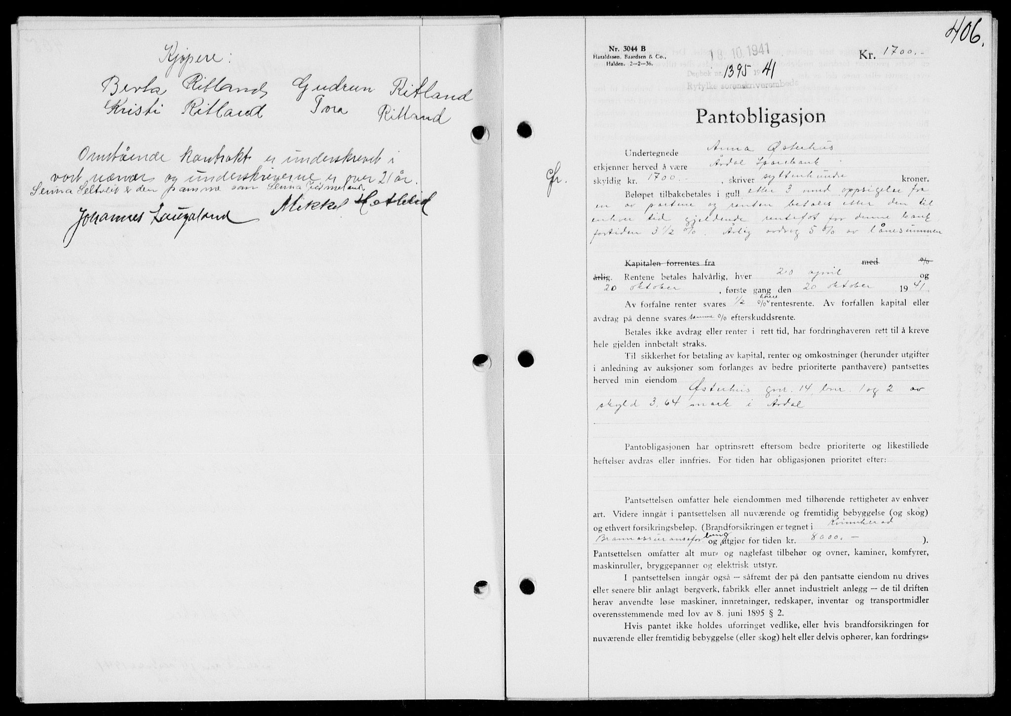 Ryfylke tingrett, SAST/A-100055/001/II/IIB/L0083: Mortgage book no. 62, 1941-1941, Diary no: : 1395/1941