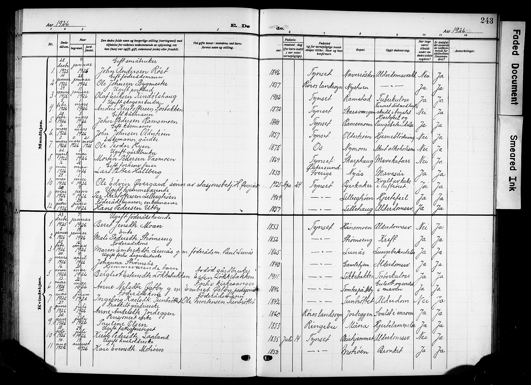 Tynset prestekontor, SAH/PREST-058/H/Ha/Hab/L0011: Parish register (copy) no. 11, 1915-1930, p. 243