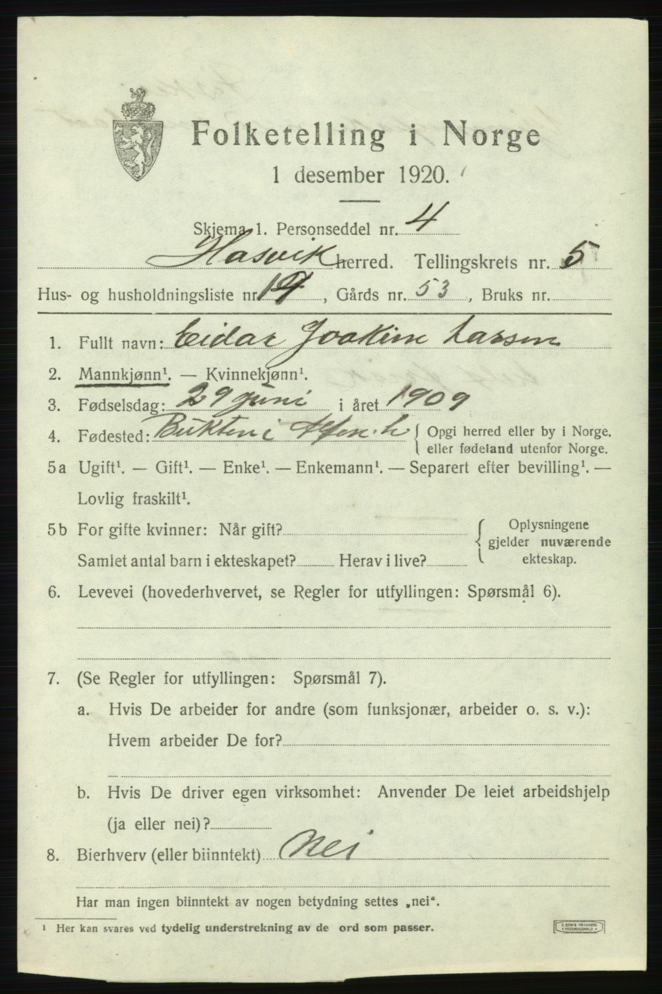 SATØ, 1920 census for Hasvik, 1920, p. 2551