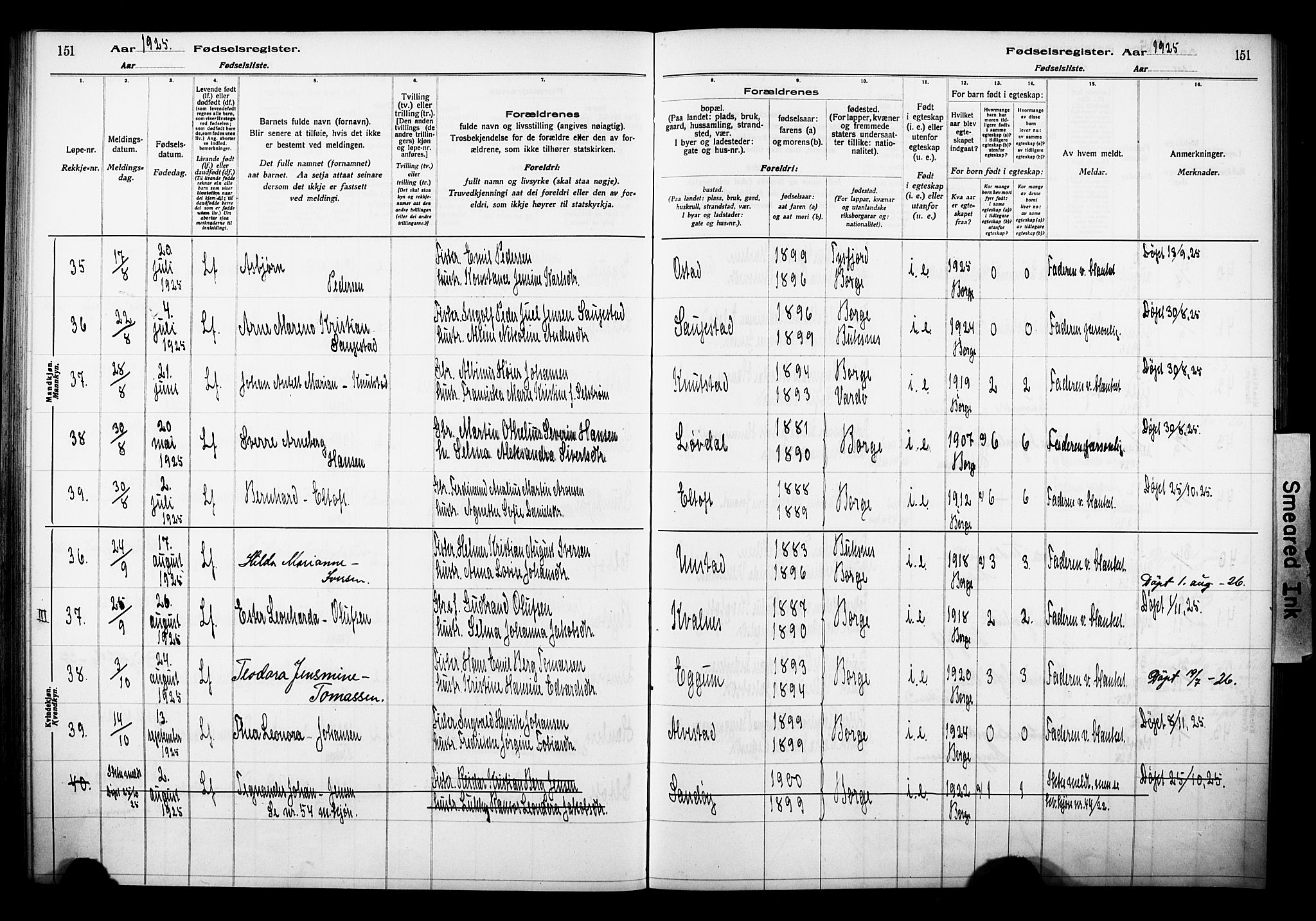 Ministerialprotokoller, klokkerbøker og fødselsregistre - Nordland, SAT/A-1459/880/L1145: Birth register no. 880.II.4.1, 1916-1929, p. 151