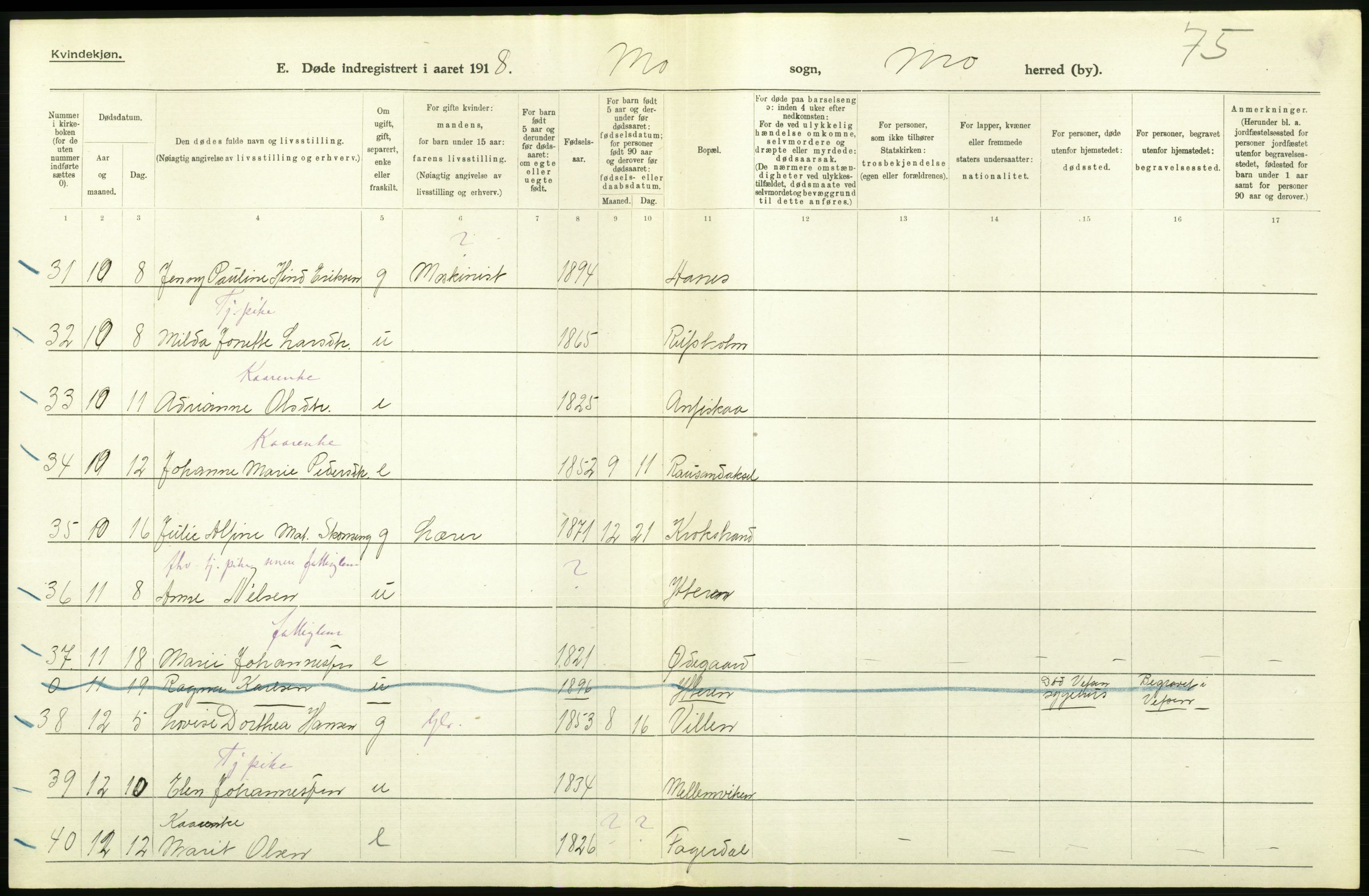 Statistisk sentralbyrå, Sosiodemografiske emner, Befolkning, AV/RA-S-2228/D/Df/Dfb/Dfbh/L0055: Nordland fylke: Døde. Bygder og byer., 1918, p. 258