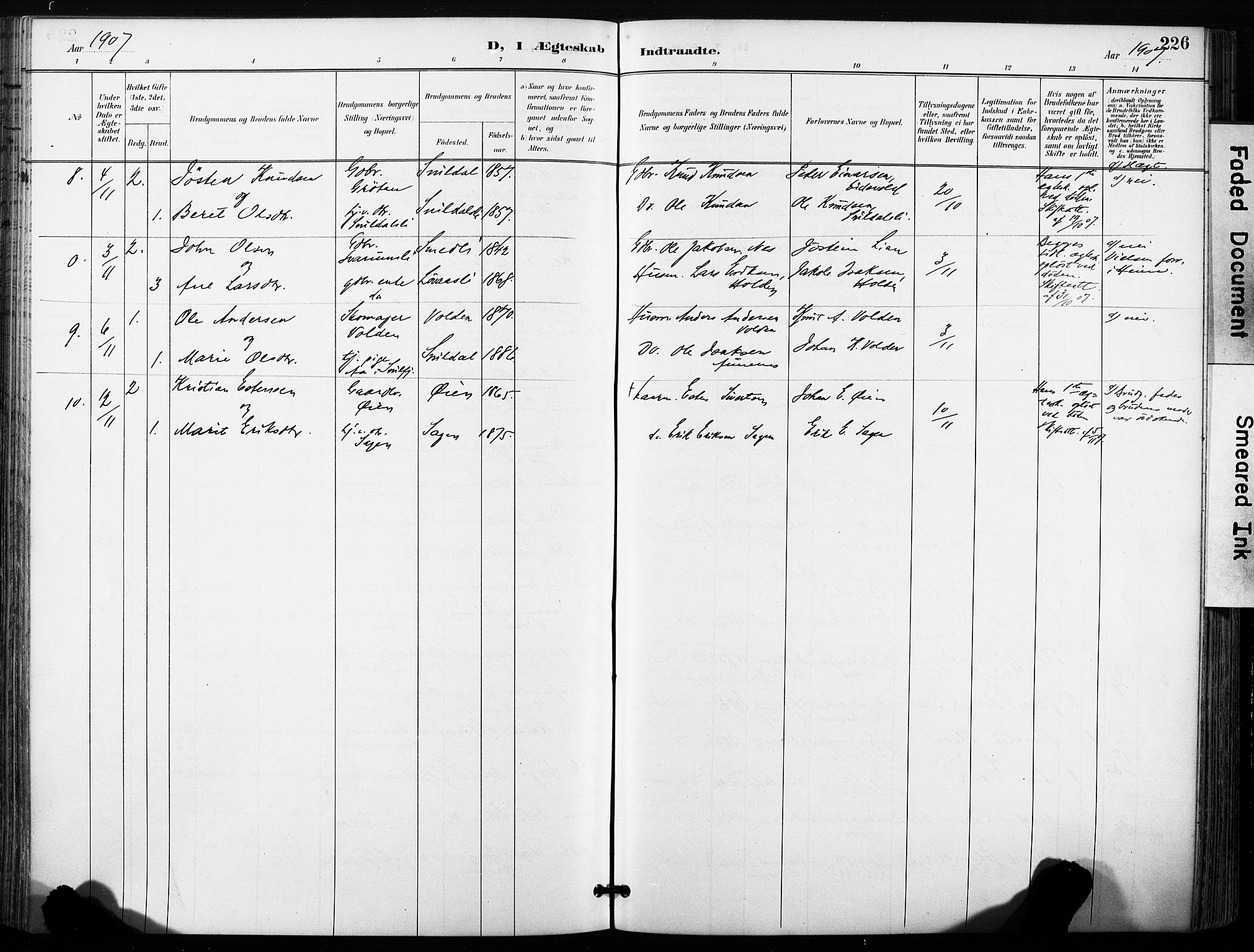 Ministerialprotokoller, klokkerbøker og fødselsregistre - Sør-Trøndelag, AV/SAT-A-1456/630/L0497: Parish register (official) no. 630A10, 1896-1910, p. 226