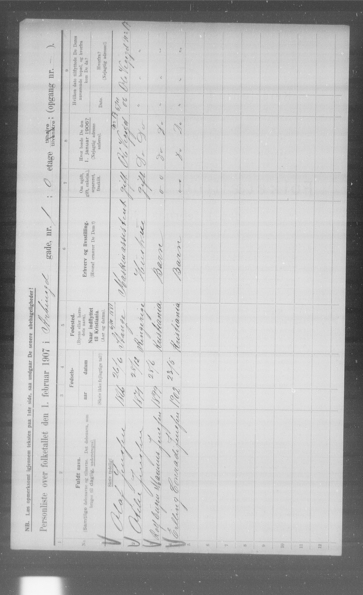 OBA, Municipal Census 1907 for Kristiania, 1907, p. 835