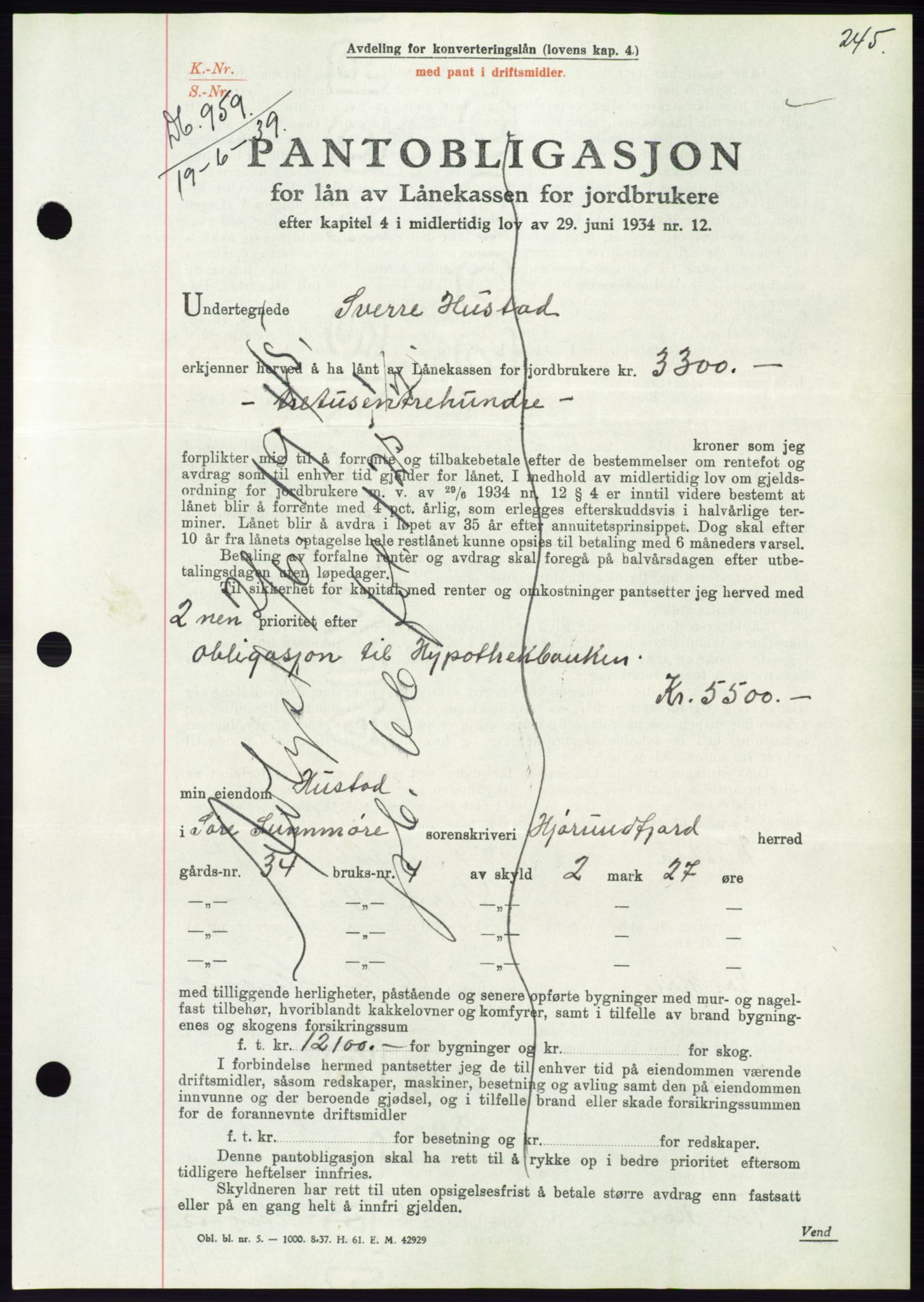 Søre Sunnmøre sorenskriveri, AV/SAT-A-4122/1/2/2C/L0068: Mortgage book no. 62, 1939-1939, Diary no: : 959/1939