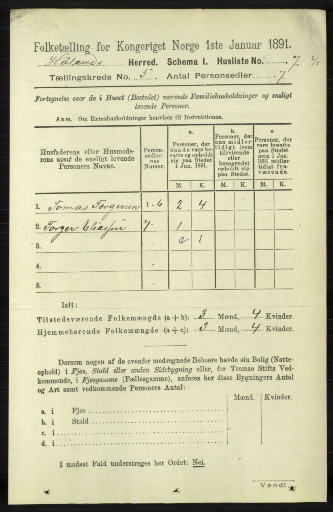 RA, 1891 census for 1124 Haaland, 1891, p. 3168