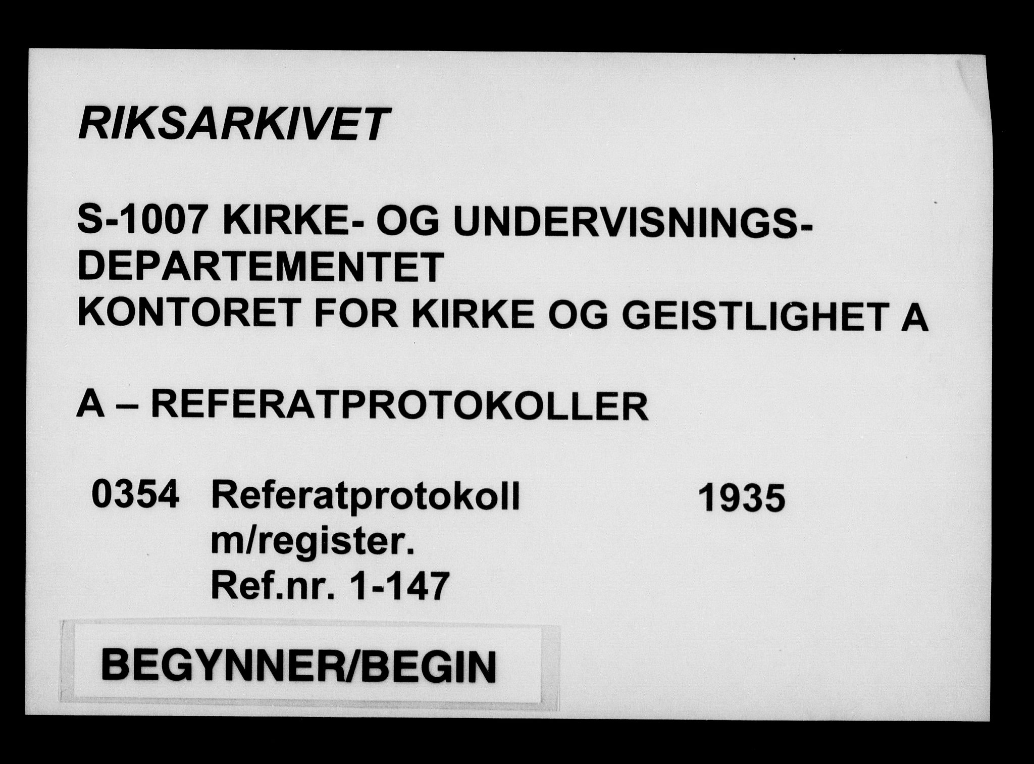 Kirke- og undervisningsdepartementet, Kontoret  for kirke og geistlighet A, RA/S-1007/A/Aa/L0354: Referatprotokoll m/register. Ref.nr. 1-147, 1935