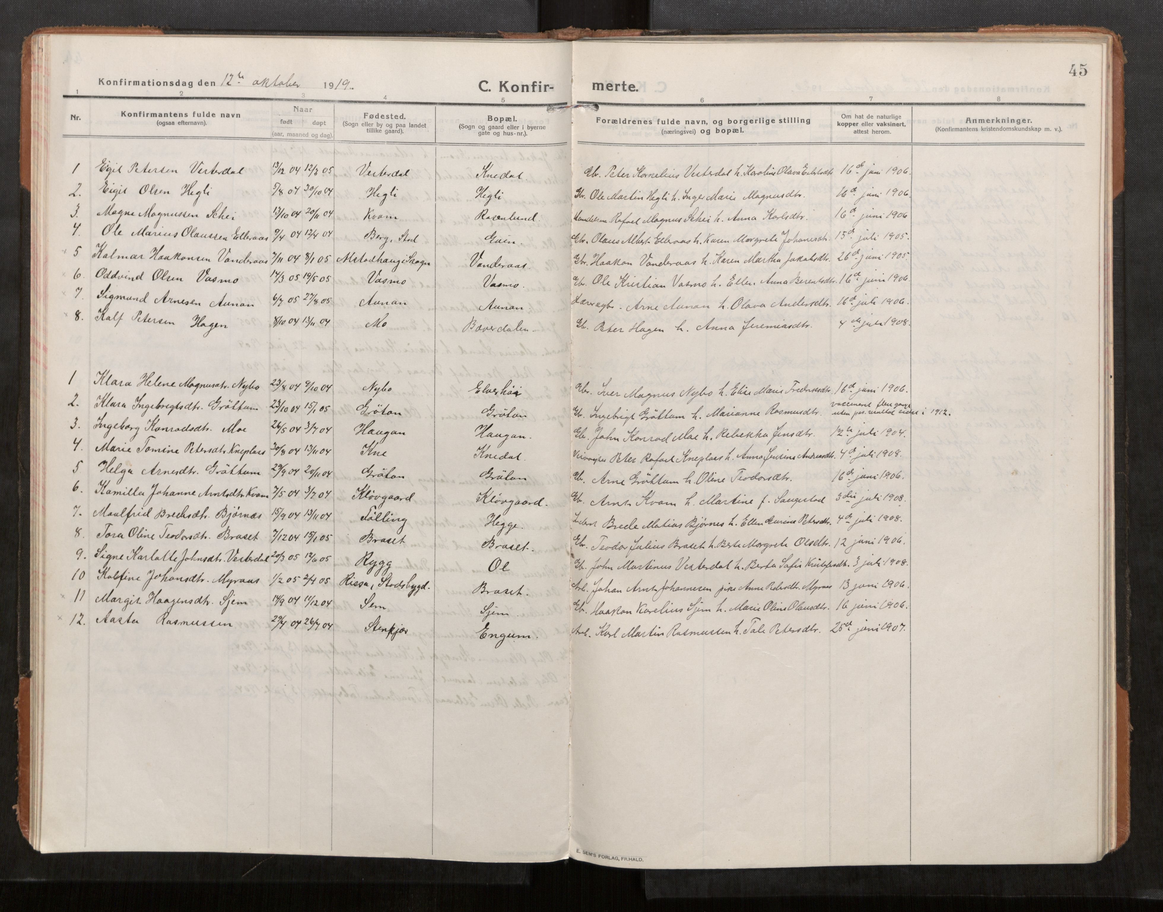 Stod sokneprestkontor, AV/SAT-A-1164/1/I/I1/I1a/L0004: Parish register (official) no. 4, 1913-1933, p. 45