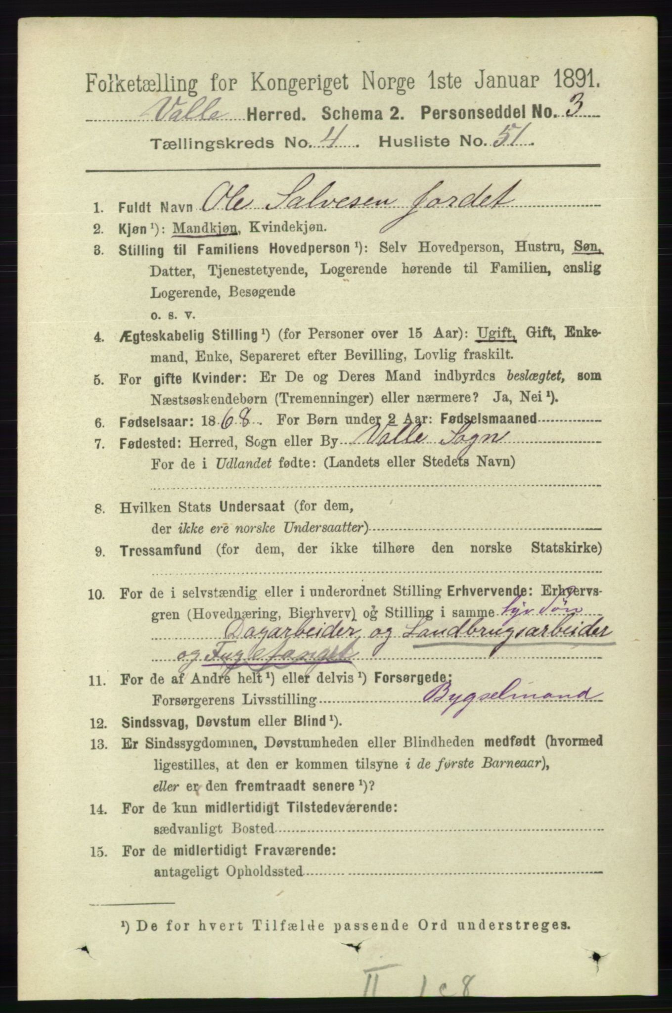 RA, 1891 census for 0940 Valle, 1891, p. 1277