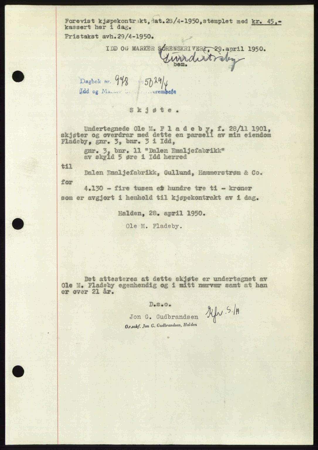 Idd og Marker sorenskriveri, AV/SAO-A-10283/G/Gb/Gbb/L0014: Mortgage book no. A14, 1950-1950, Diary no: : 978/1950