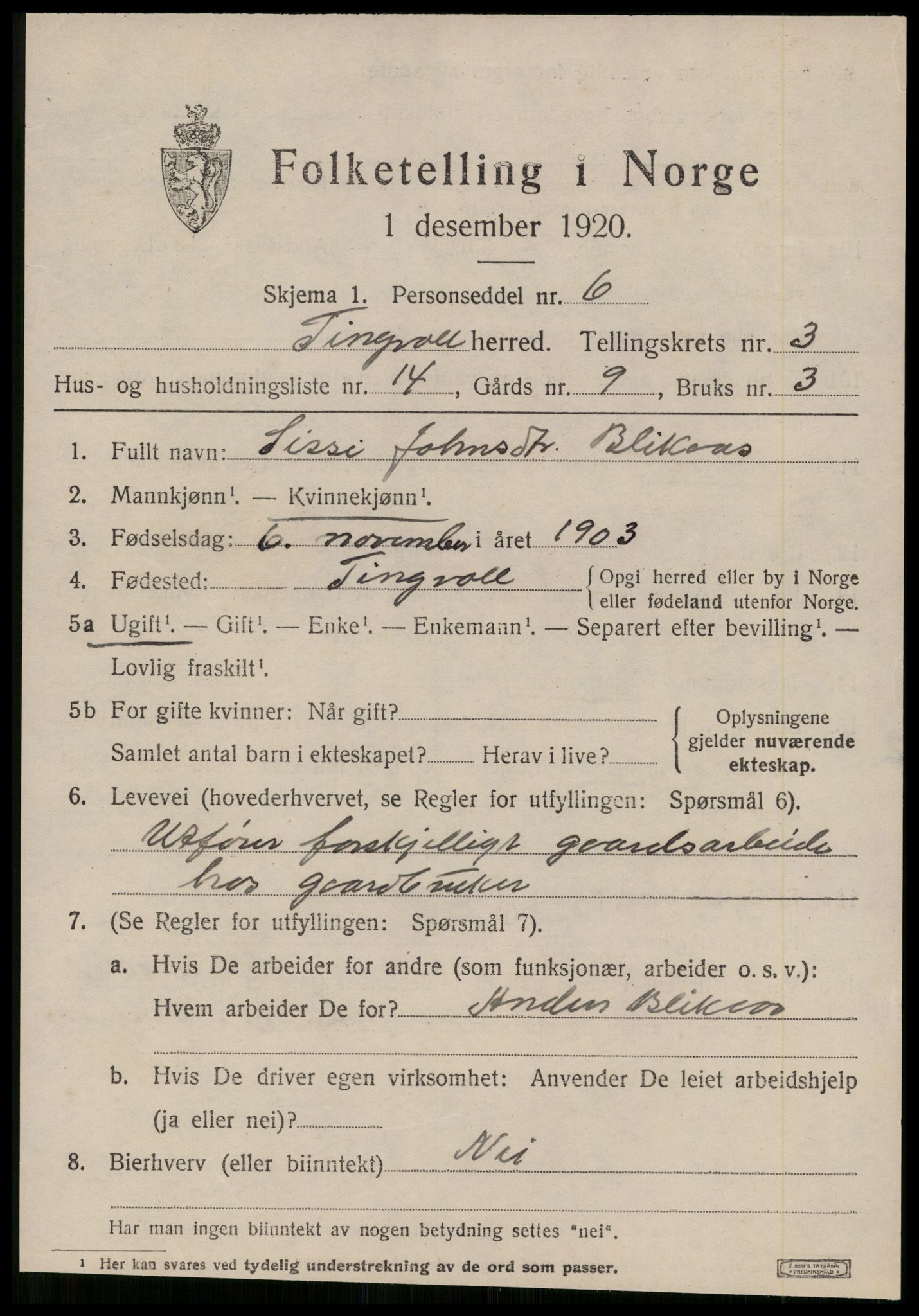 SAT, 1920 census for Tingvoll, 1920, p. 1798