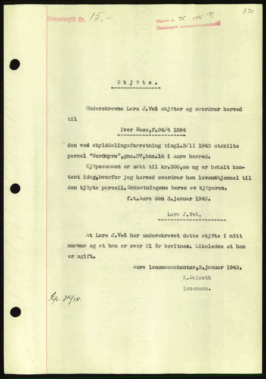 Nordmøre sorenskriveri, SAT/A-4132/1/2/2Ca: Mortgage book no. A96, 1943-1944, Diary no: : 75/1944