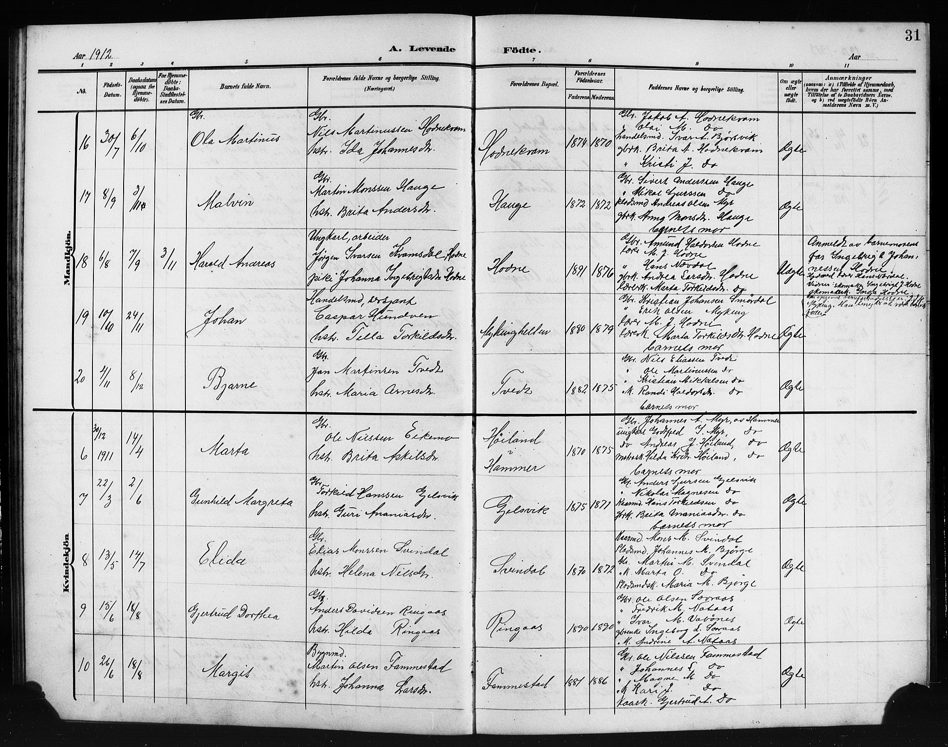 Lindås Sokneprestembete, SAB/A-76701/H/Hab: Parish register (copy) no. E 4, 1906-1921, p. 31