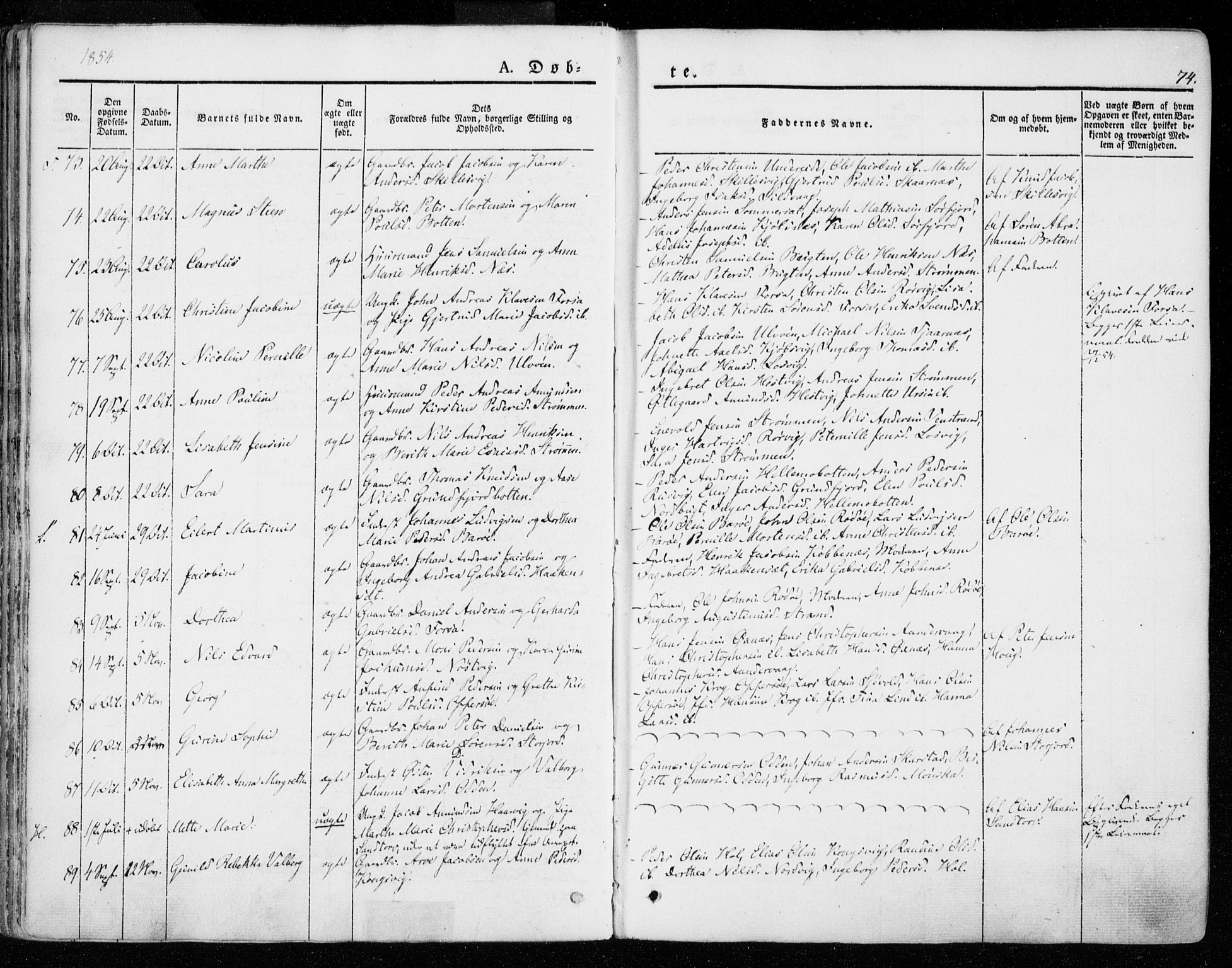 Ministerialprotokoller, klokkerbøker og fødselsregistre - Nordland, AV/SAT-A-1459/872/L1033: Parish register (official) no. 872A08, 1840-1863, p. 74