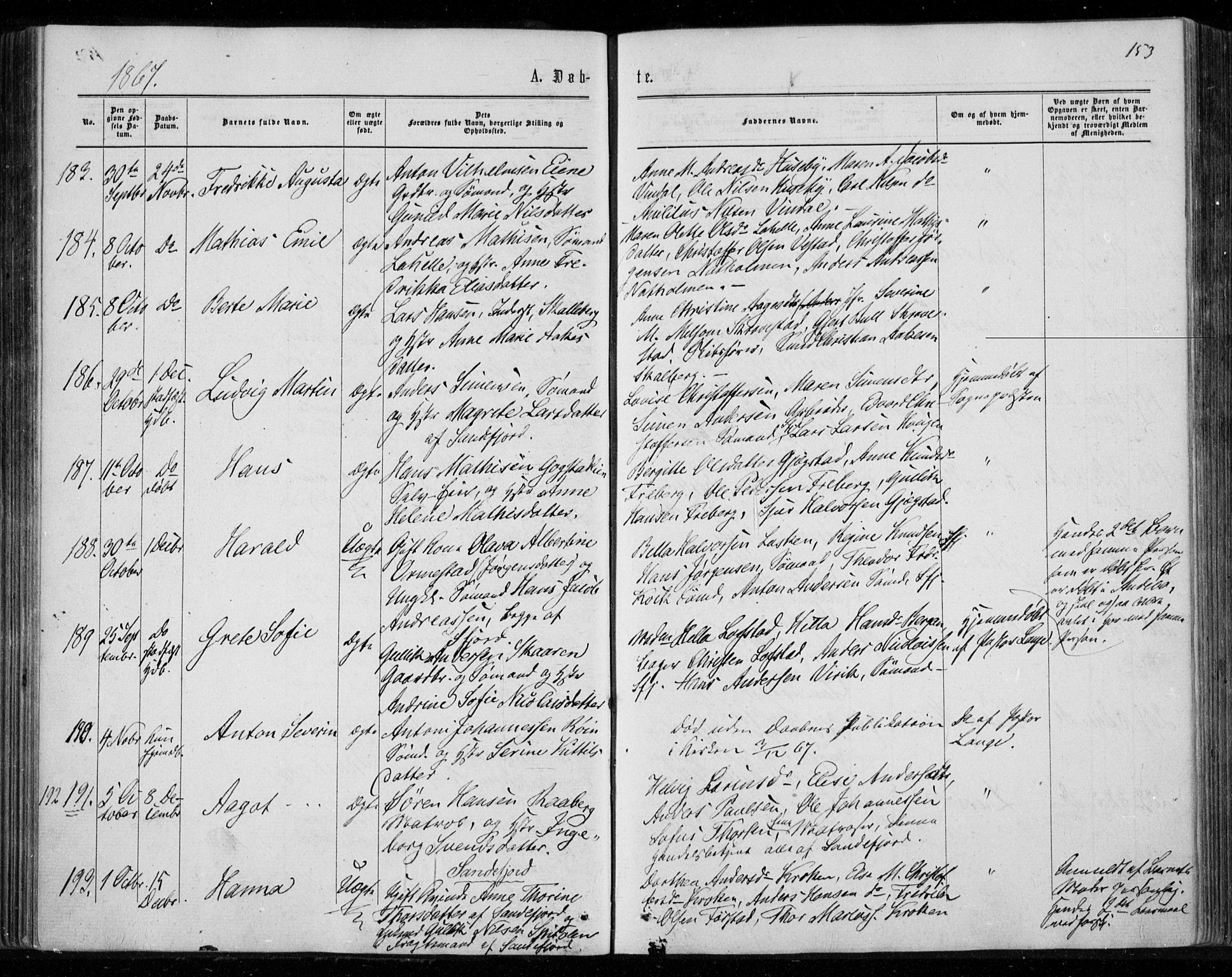 Sandar kirkebøker, AV/SAKO-A-243/F/Fa/L0008: Parish register (official) no. 8, 1862-1871, p. 153