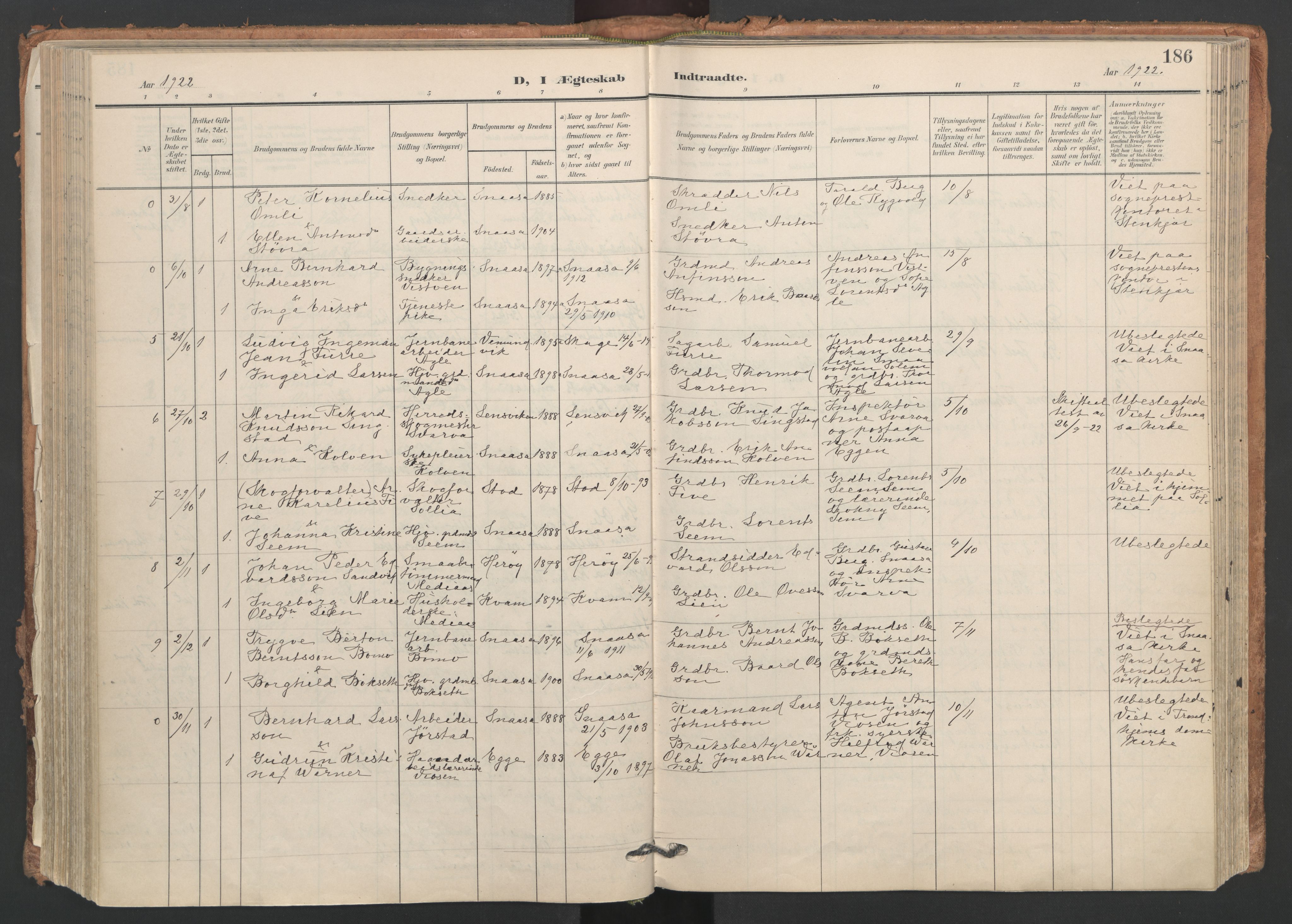 Ministerialprotokoller, klokkerbøker og fødselsregistre - Nord-Trøndelag, AV/SAT-A-1458/749/L0477: Parish register (official) no. 749A11, 1902-1927, p. 186