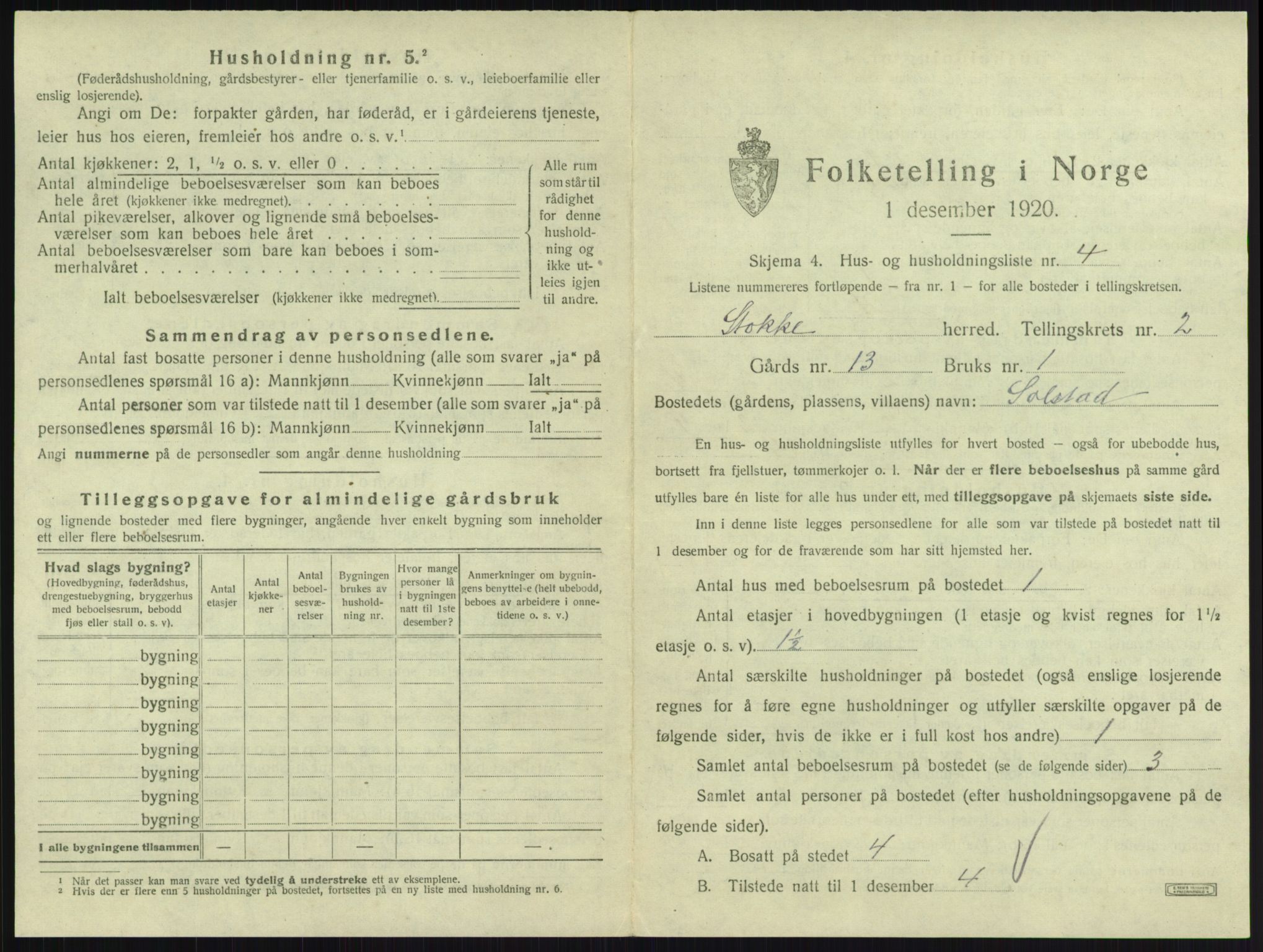 SAKO, 1920 census for Stokke, 1920, p. 272