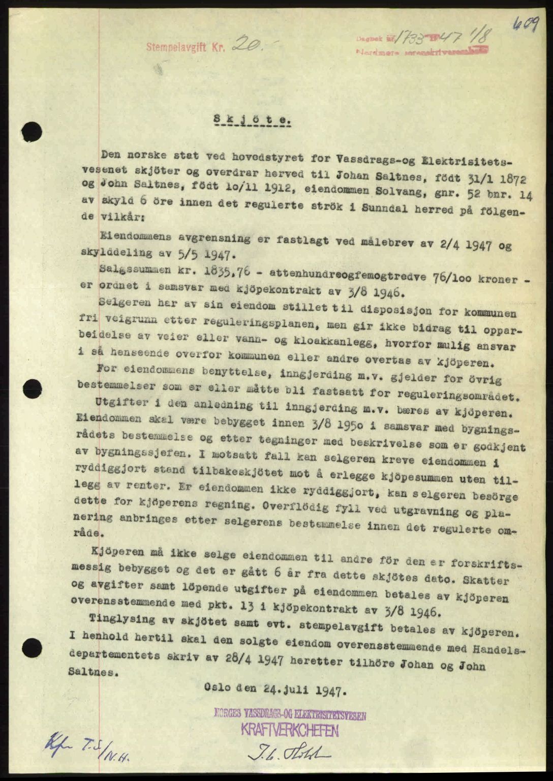 Nordmøre sorenskriveri, AV/SAT-A-4132/1/2/2Ca: Mortgage book no. A105, 1947-1947, Diary no: : 1733/1947