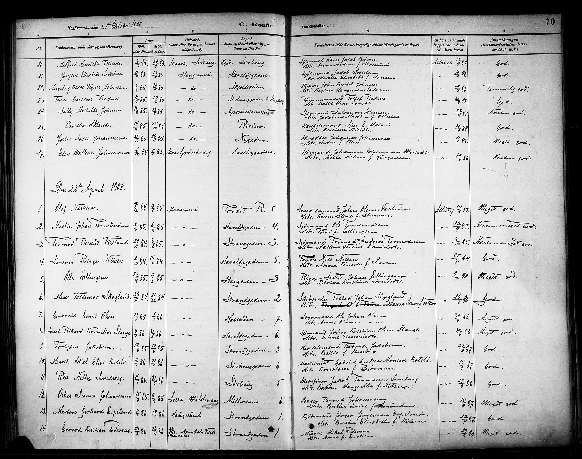 Haugesund sokneprestkontor, SAST/A -101863/H/Ha/Haa/L0005: Parish register (official) no. A 5, 1891-1903, p. 70