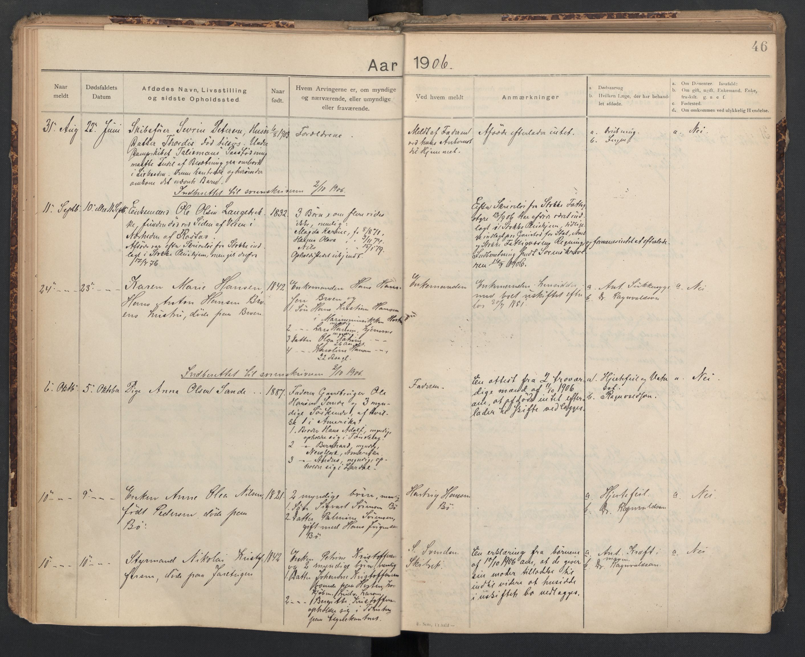 Sem lensmannskontor, SAKO/A-547/H/Ha/L0005: Dødsfallsprotokoll, 1903-1916, p. 46