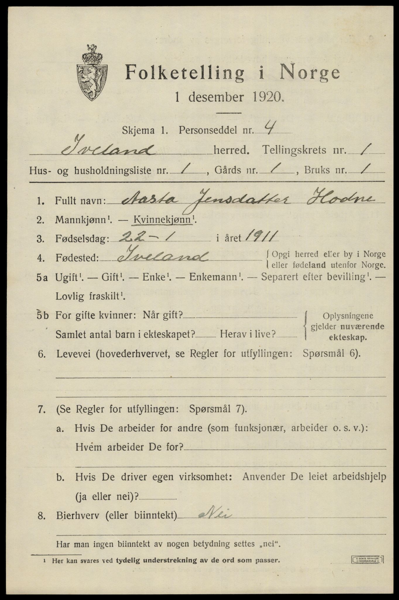 SAK, 1920 census for Iveland, 1920, p. 421