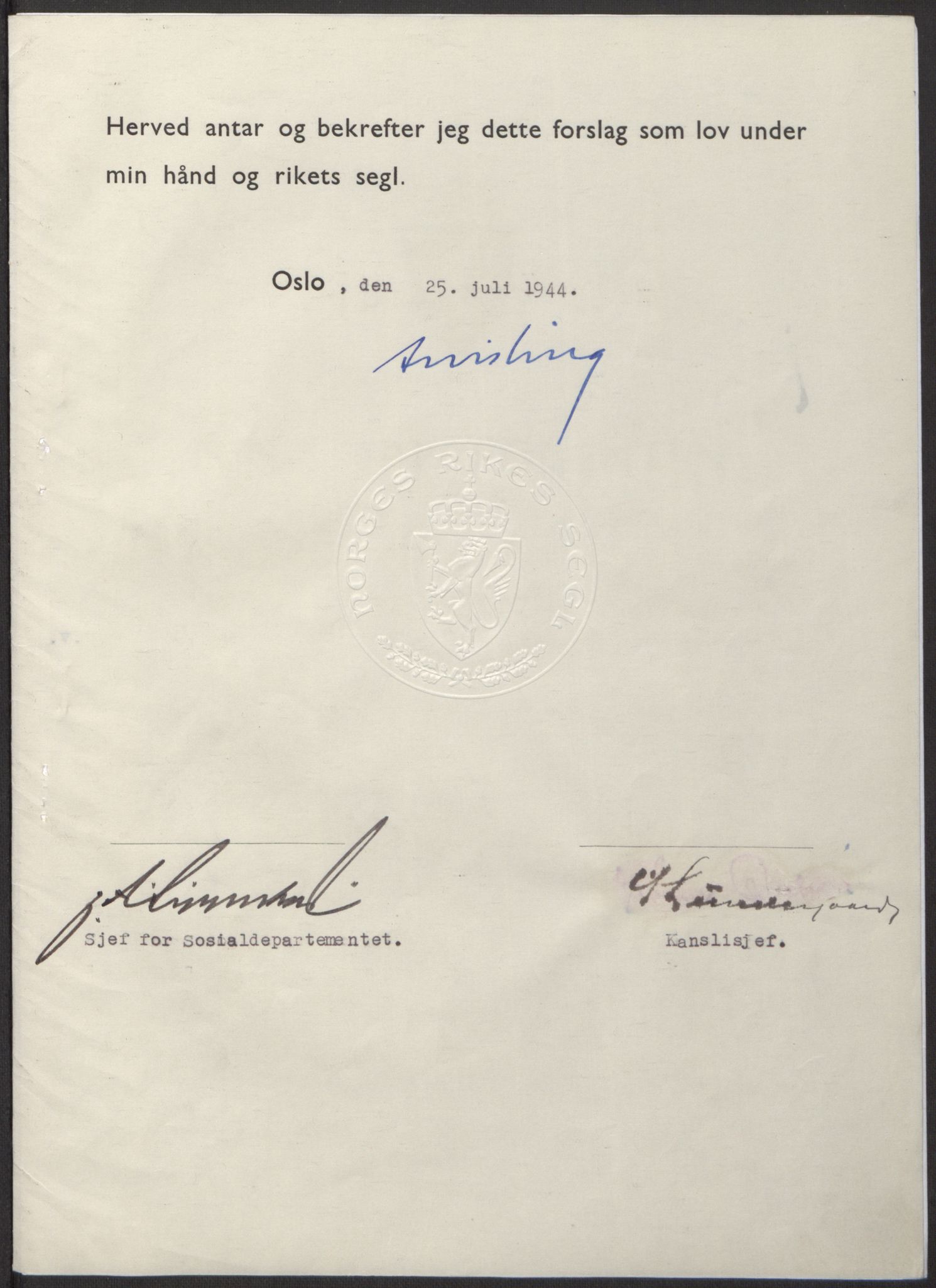 NS-administrasjonen 1940-1945 (Statsrådsekretariatet, de kommisariske statsråder mm), RA/S-4279/D/Db/L0100: Lover, 1944, p. 361