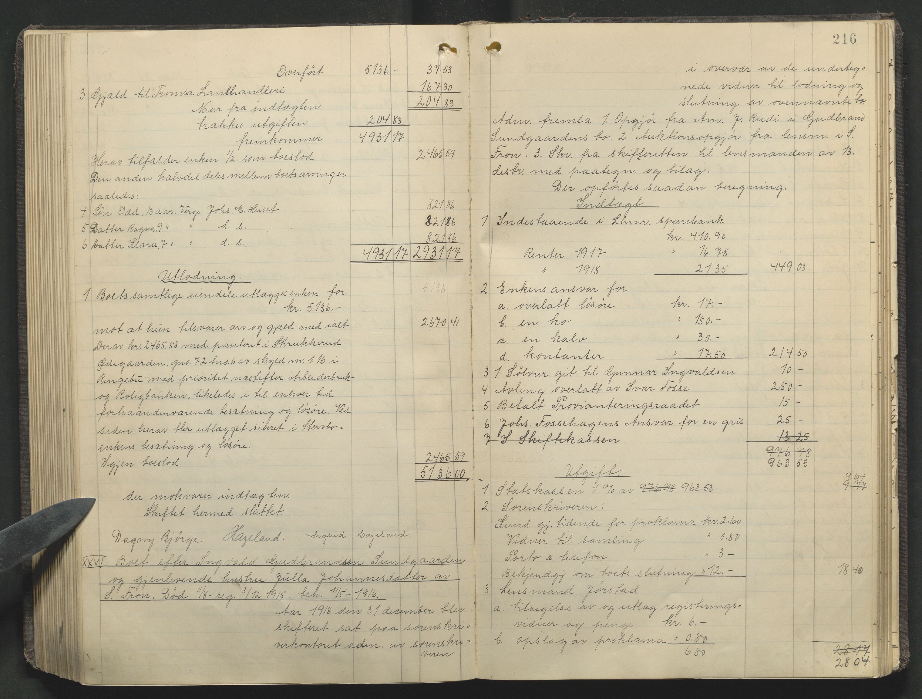 Sør-Gudbrandsdal tingrett, SAH/TING-004/J/Ja/Jae/L0002: Skifteutlodningsprotokoll - landet, 1912-1921, p. 216