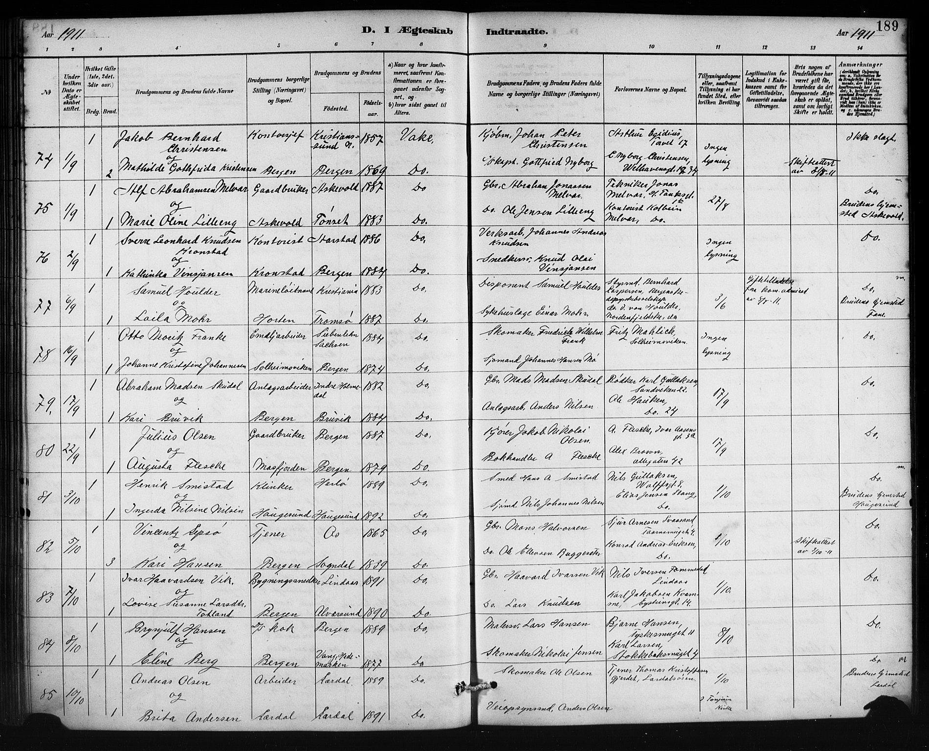 Johanneskirken sokneprestembete, AV/SAB-A-76001/H/Hab: Parish register (copy) no. C 1, 1885-1912, p. 189