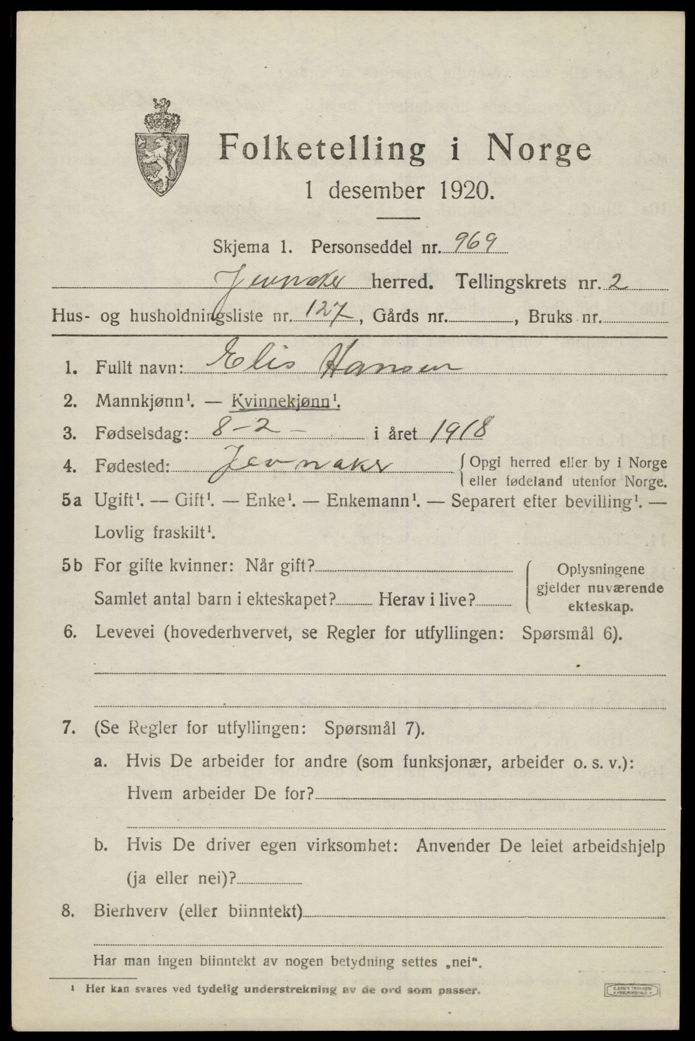 SAH, 1920 census for Jevnaker, 1920, p. 3337