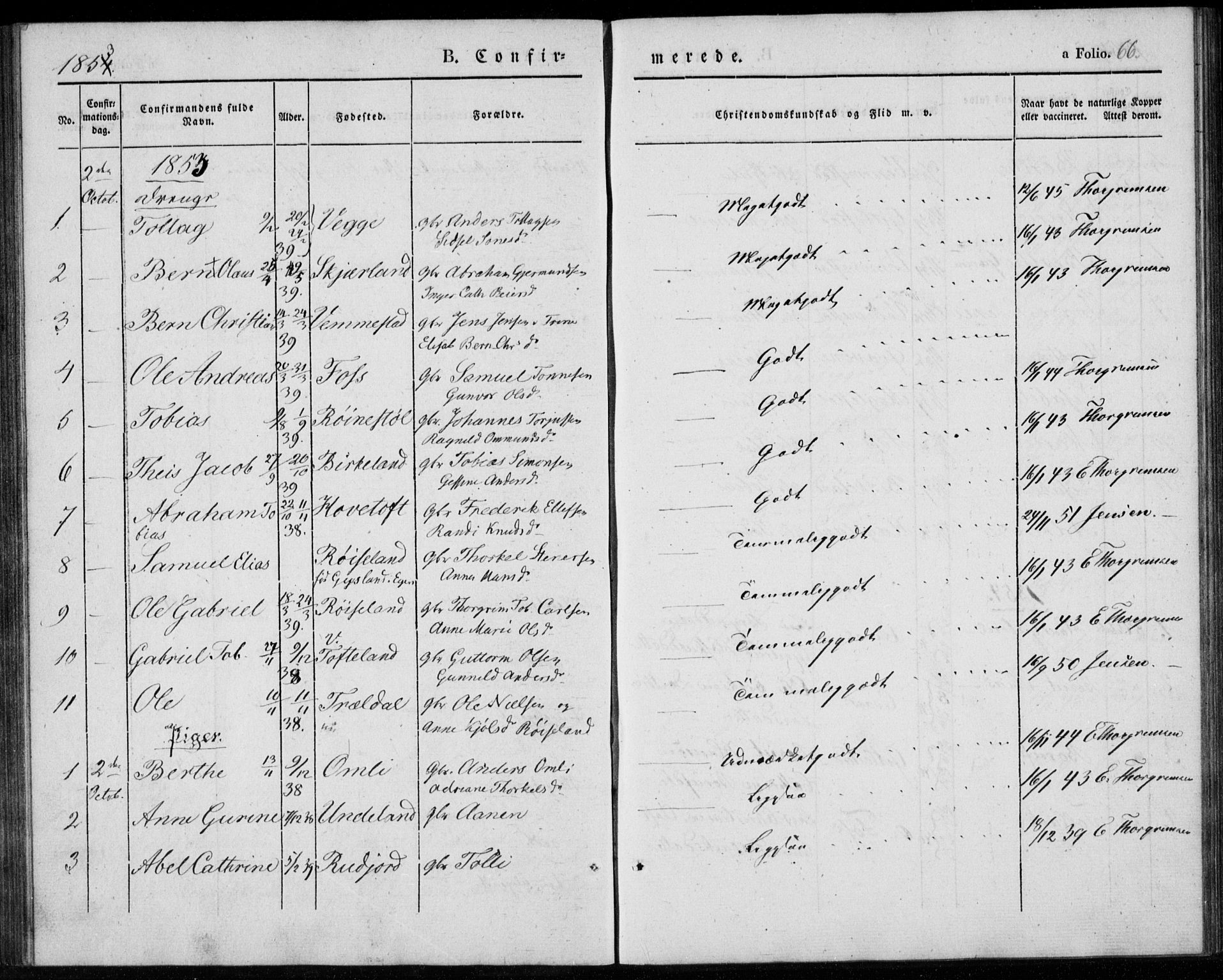 Lyngdal sokneprestkontor, AV/SAK-1111-0029/F/Fa/Fab/L0001: Parish register (official) no. A 1, 1838-1860, p. 66