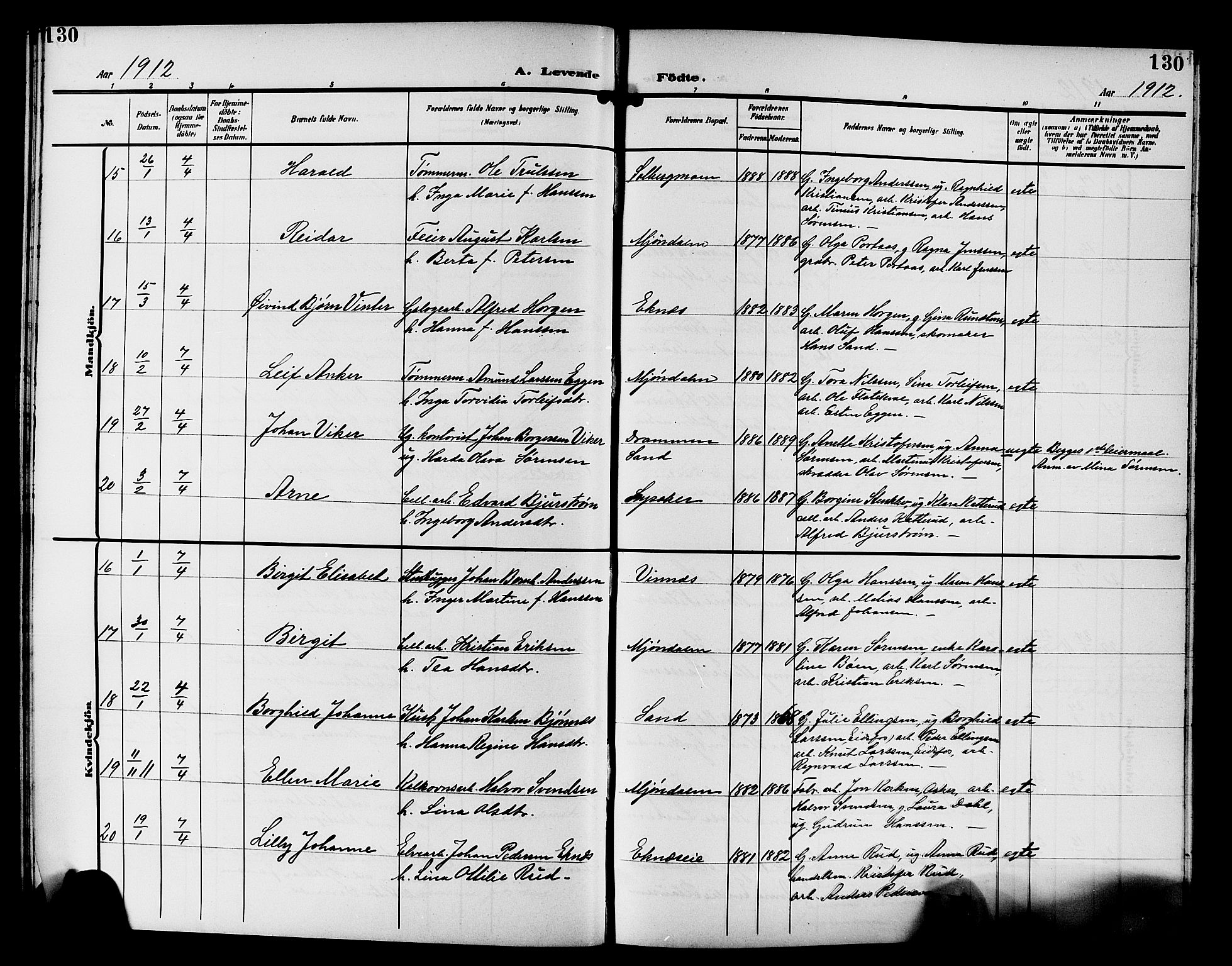Nedre Eiker kirkebøker, AV/SAKO-A-612/G/Ga/L0004: Parish register (copy) no. 4, 1905-1912, p. 130