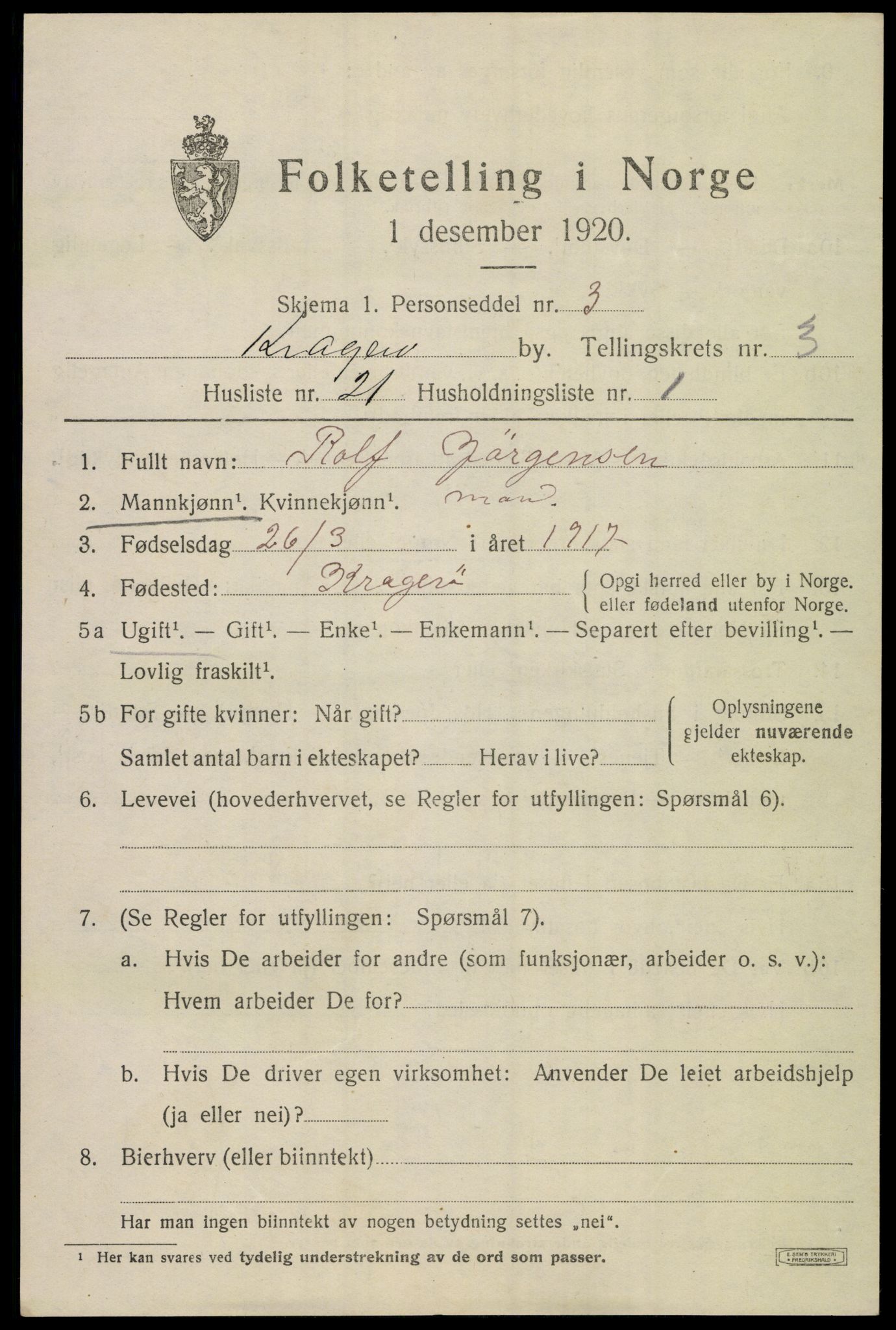 SAKO, 1920 census for Kragerø, 1920, p. 7295