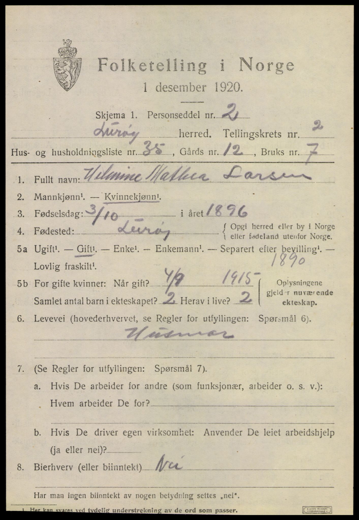 SAT, 1920 census for Lurøy, 1920, p. 1797