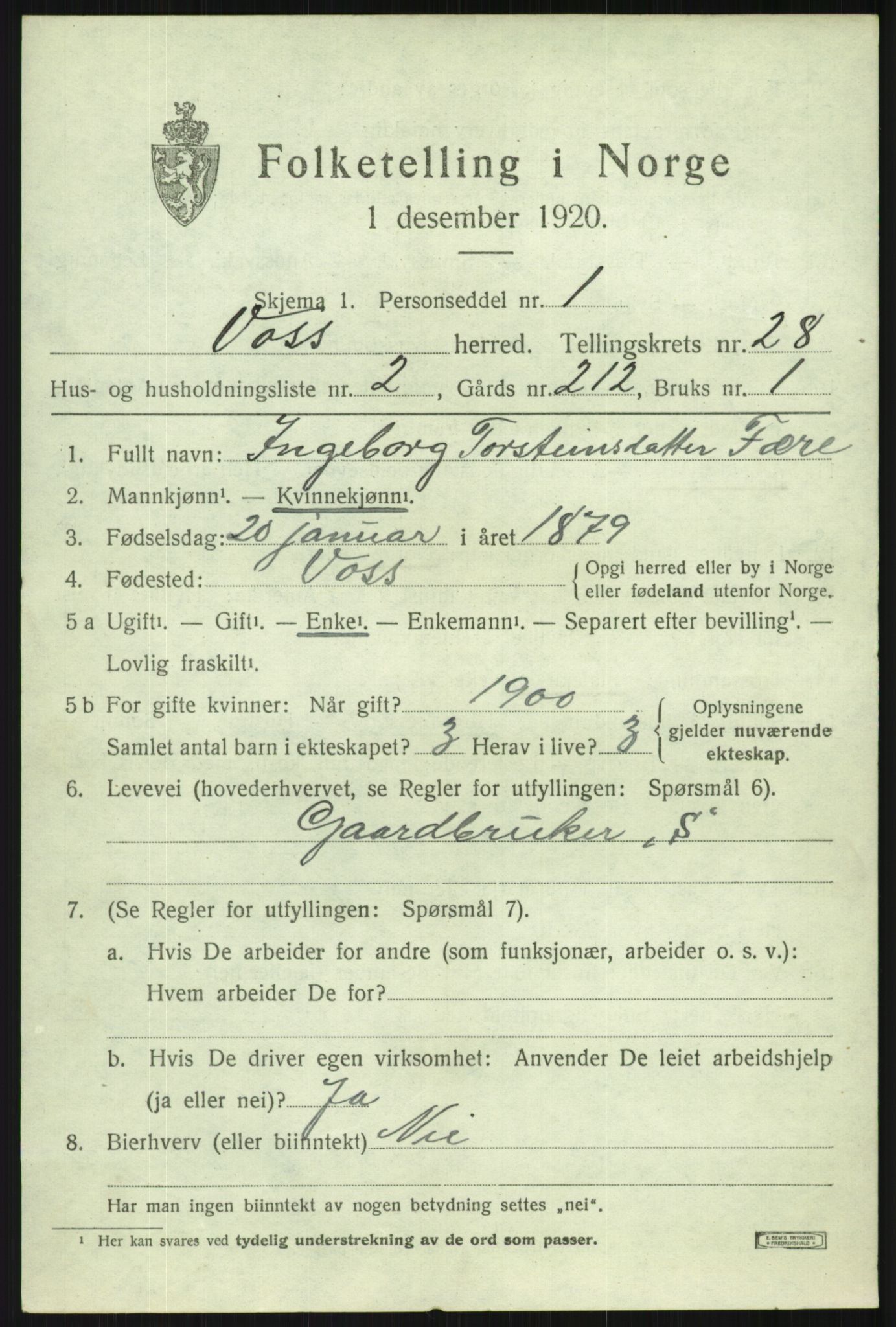 SAB, 1920 census for Voss, 1920, p. 18919