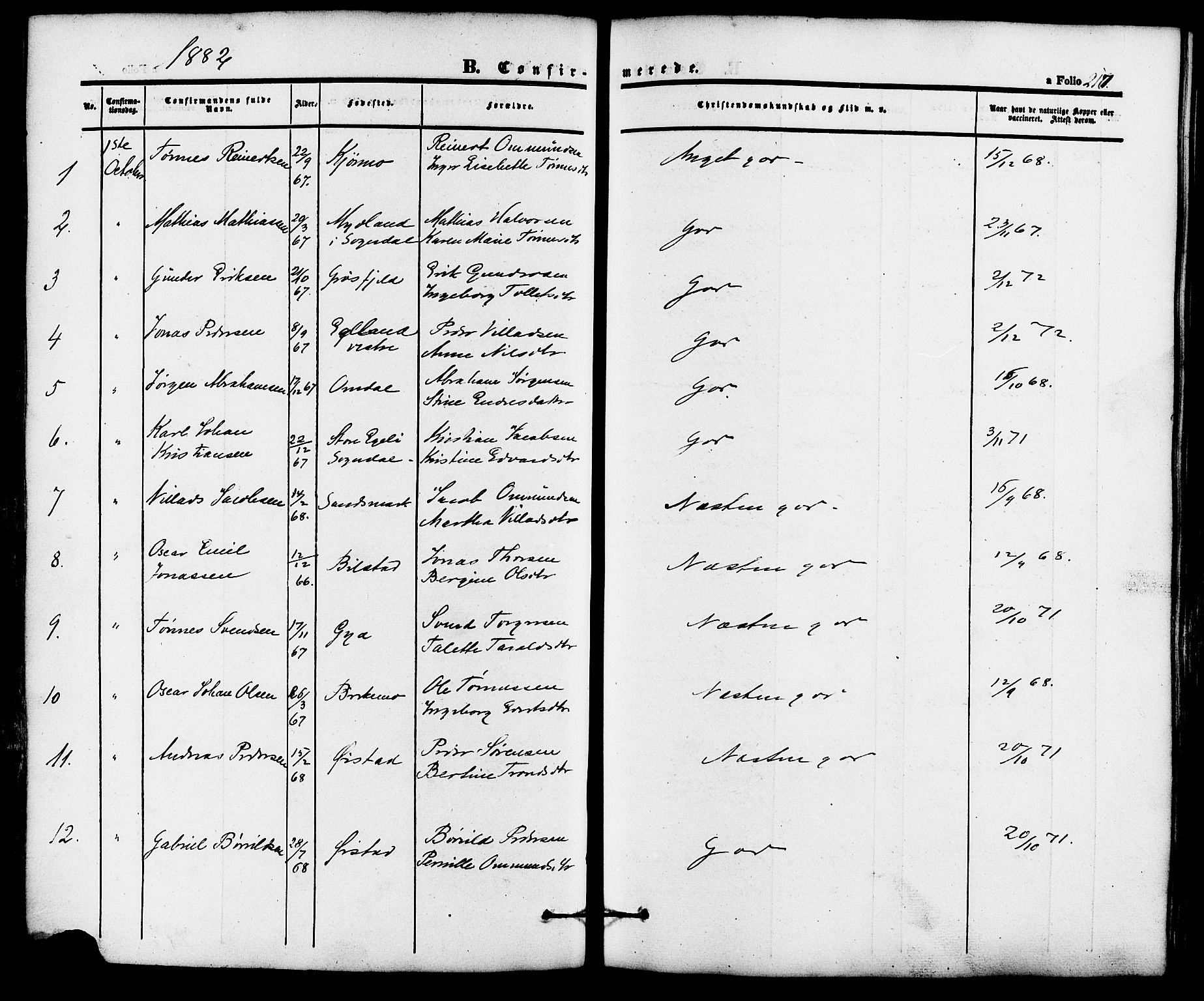 Lund sokneprestkontor, AV/SAST-A-101809/S06/L0010: Parish register (official) no. A 9, 1854-1886, p. 217