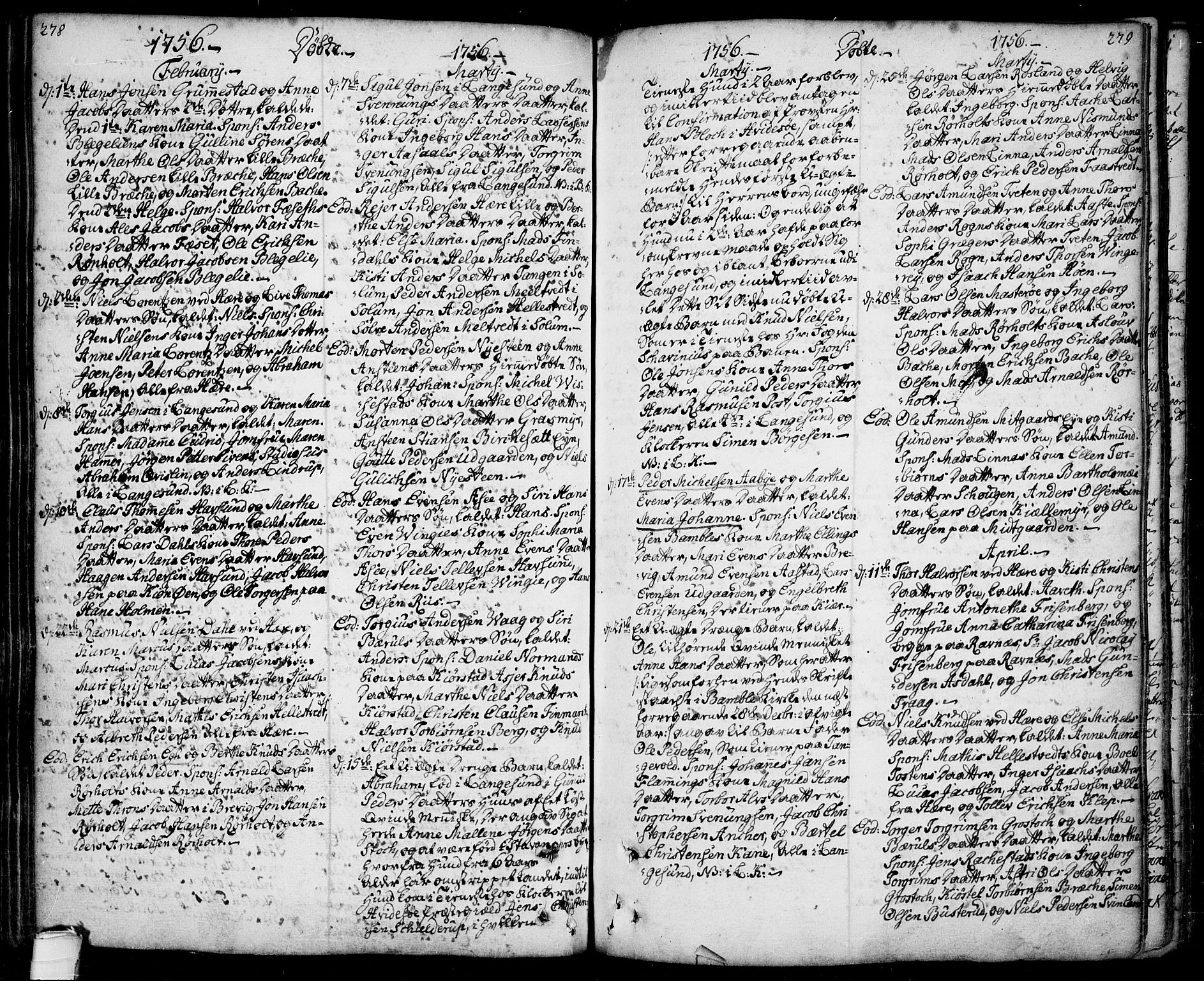 Bamble kirkebøker, AV/SAKO-A-253/F/Fa/L0001: Parish register (official) no. I 1, 1702-1774, p. 278-279