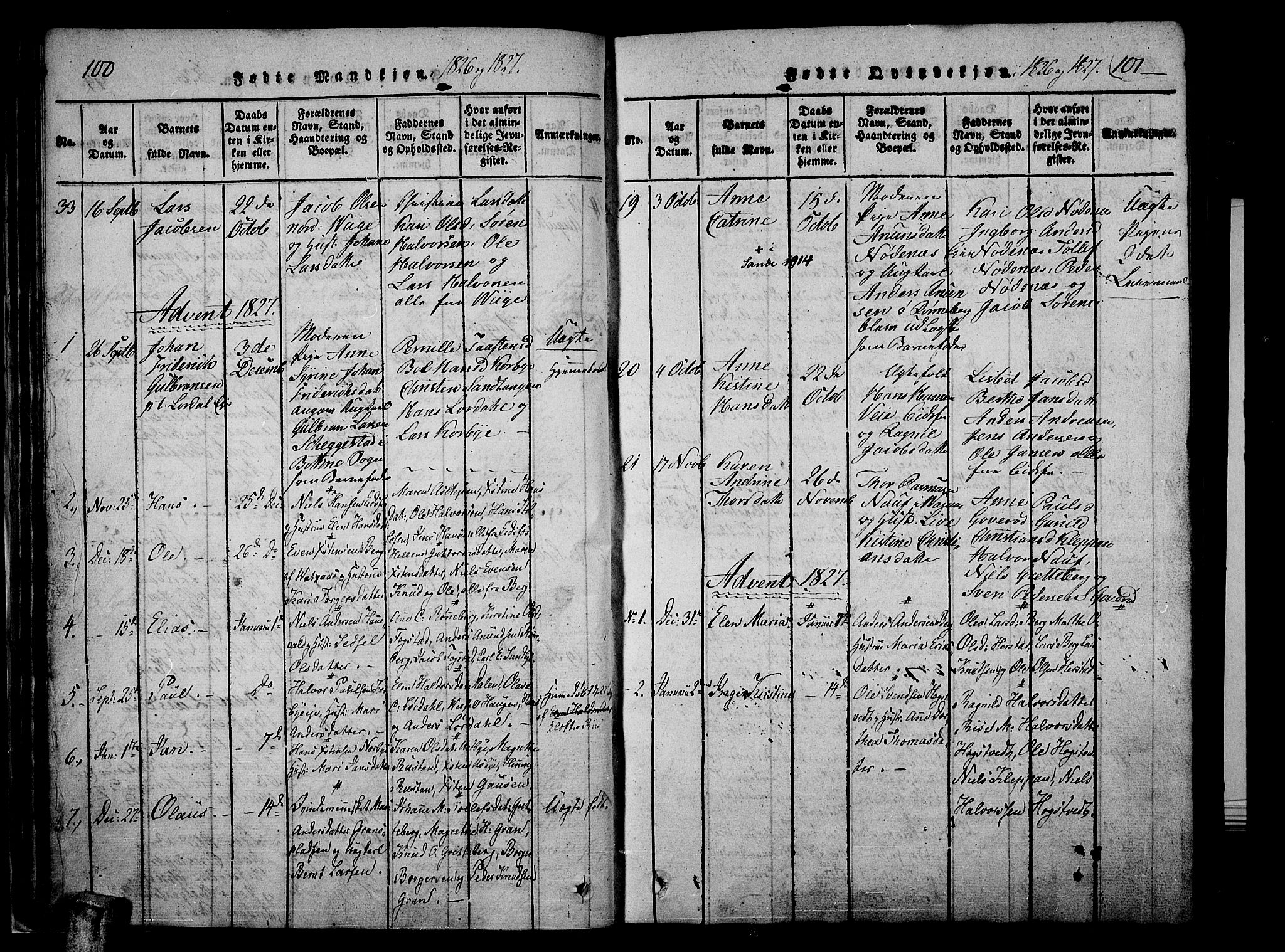 Hof kirkebøker, AV/SAKO-A-64/F/Fa/L0004: Parish register (official) no. I 4, 1814-1843, p. 100-101