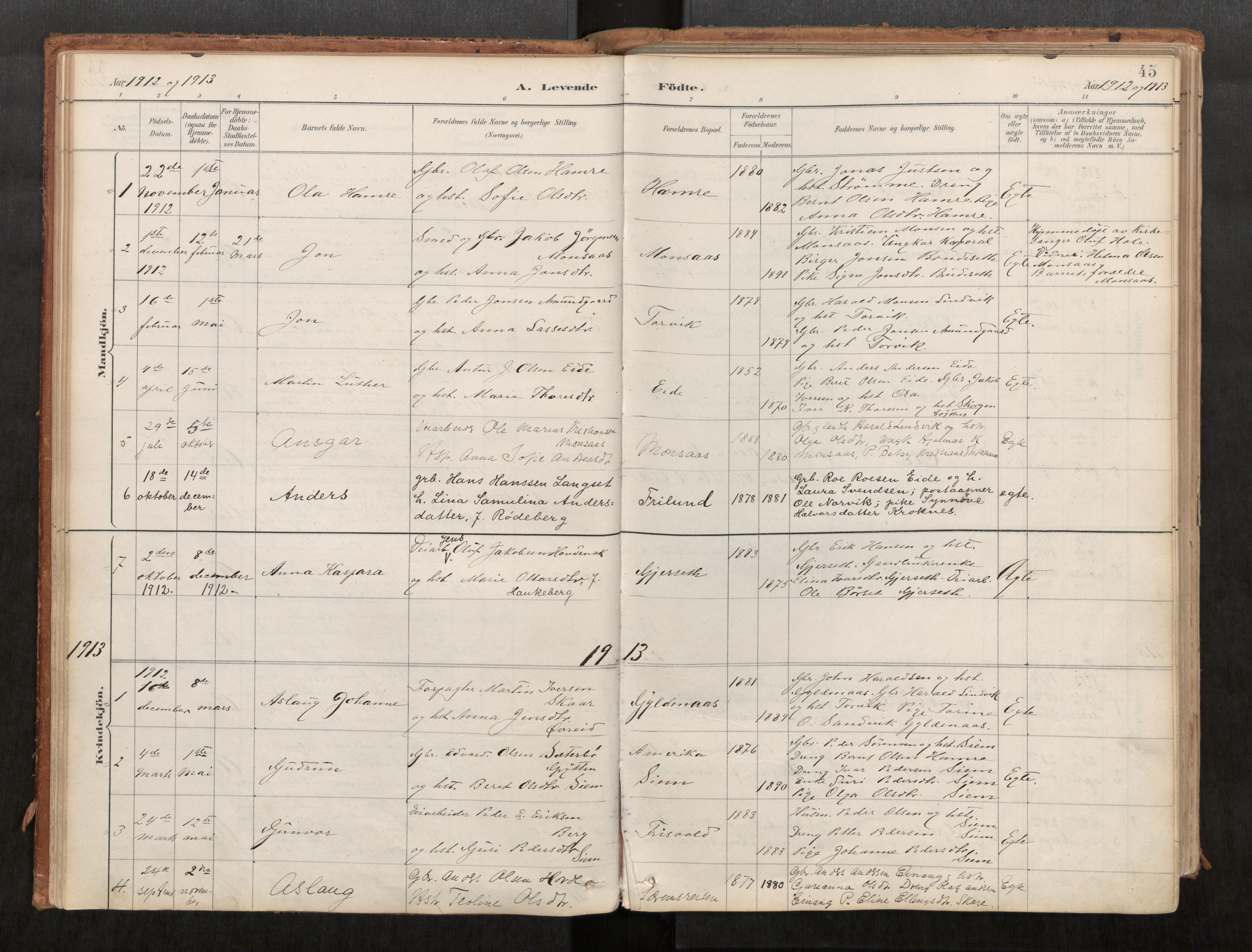 Ministerialprotokoller, klokkerbøker og fødselsregistre - Møre og Romsdal, SAT/A-1454/542/L0553: Parish register (official) no. 542A03, 1885-1925, p. 45