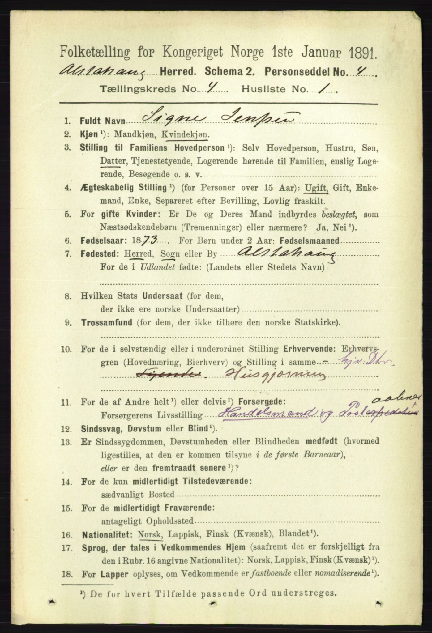 RA, 1891 census for 1820 Alstahaug, 1891, p. 1500